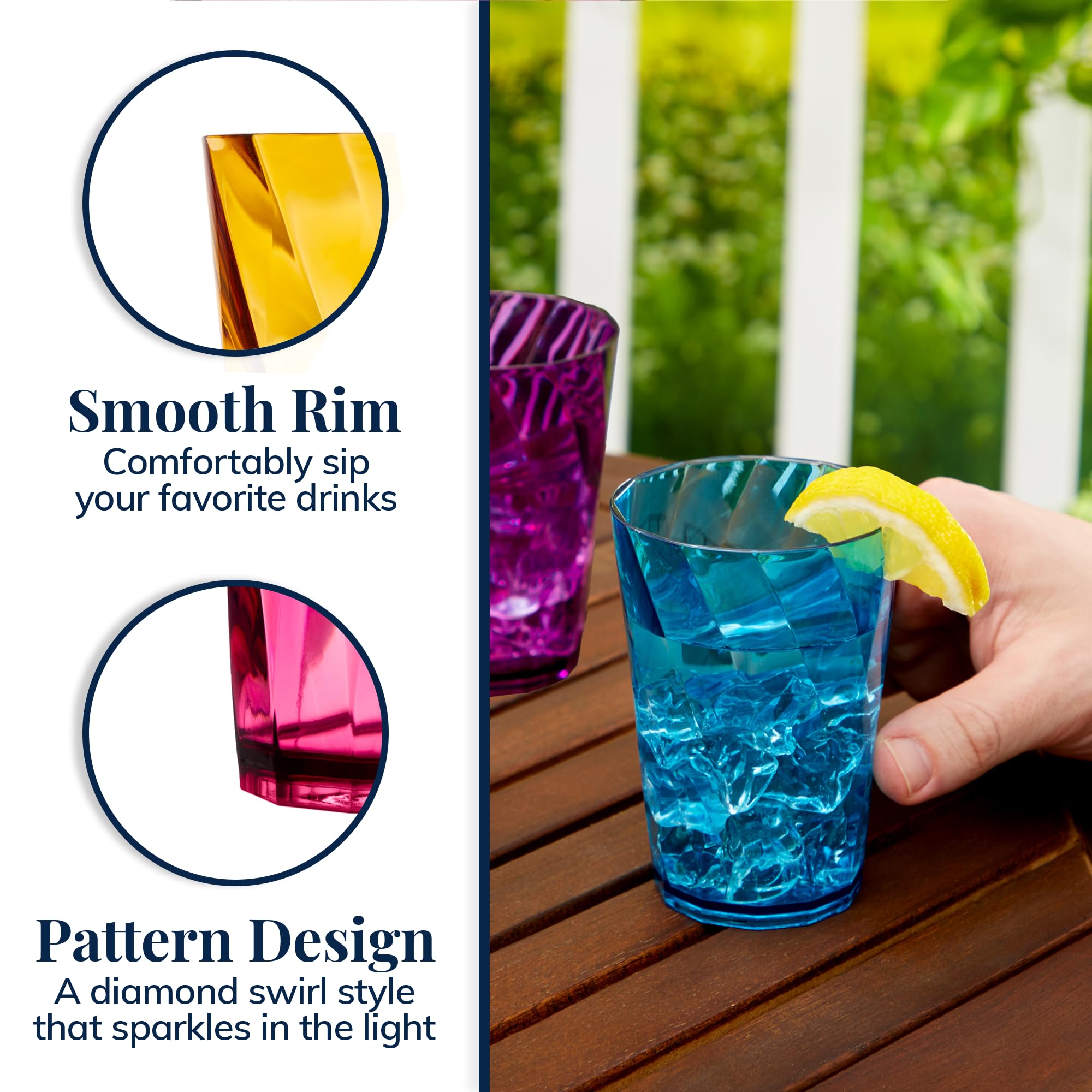 US Acrylic Optix Plastic Reusable Drinking Glasses (Set of 8) 20oz Water Cups in Jewel Tone Colors | BPA-Free Tumblers, Made in USA | Top-Rack Dishwasher Safe