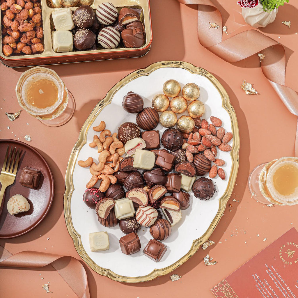 Caramels and Nut Sweet and Savory Gift Basket for Christmas Gifts, Dad, Men, Women, Holiday Parties | Gourmet Holiday Snack Tin Box | Churro Cinnamon and Sugar Pretzels | Sea Salt Caramels and Brittle| Prime Delivery Gift | Bonnie & Pop