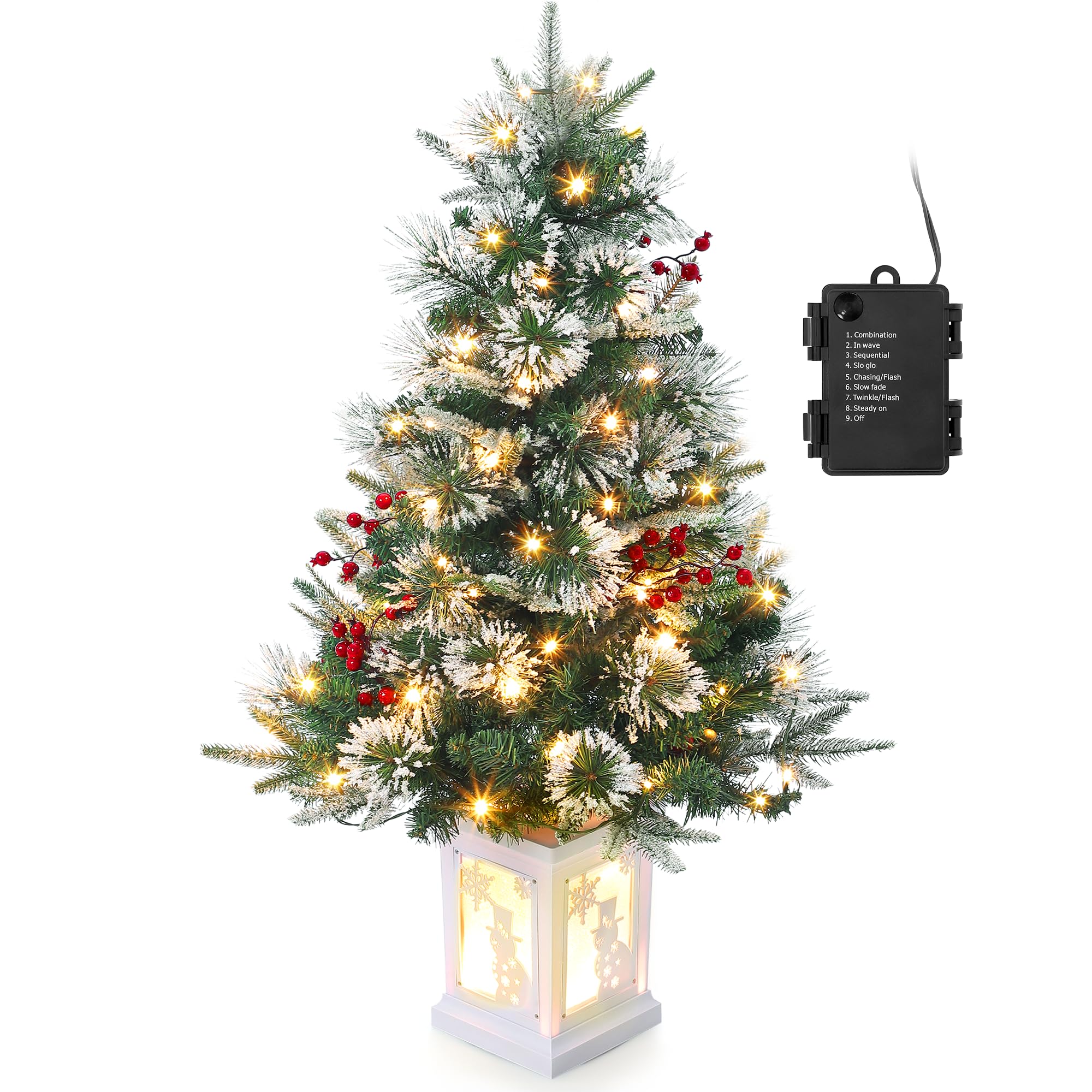 3FT Prelit Premium Snow Flocked Artificial Christmas Tree with Warm White LED, Mini Prelit Xmas Pine Tree for Christmas Decoration,Yard,Home,Office,Outdoor,Indoor,8 Mode Snowflake White Base- 1PC