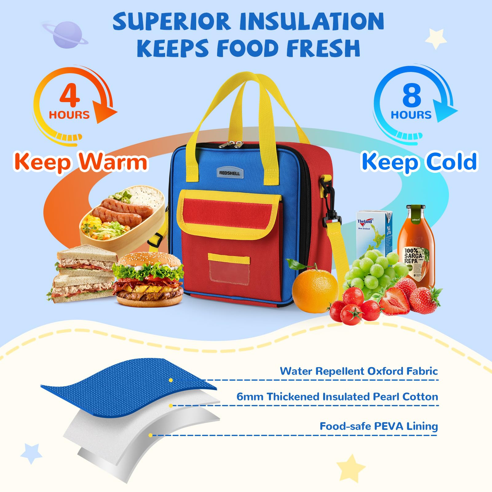 REDSHELL Tactical Lunch Box Kids, Large Insulated Lunch Bag for Girls, Cooler Lunchbag, Square Toddler Lunchbox, School Daycare Lunch Tote Pail with Water Bottle Holder Shoulder Strap, Purple