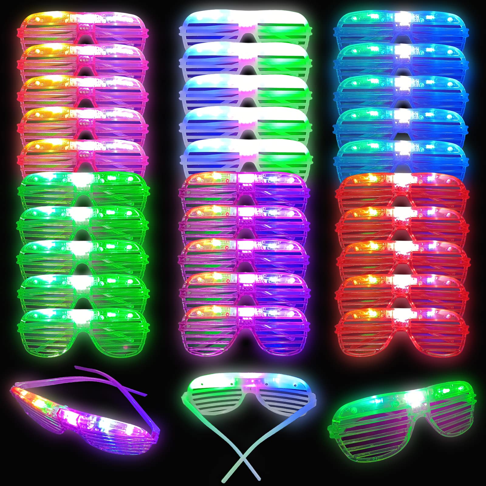 30 Pcs Glow In The Dark Glasses, 6 Colors LED Glasses Bulk for Adults, Glow Neon Party Supplies for Carnival Halloween Christmas Birthday Wedding