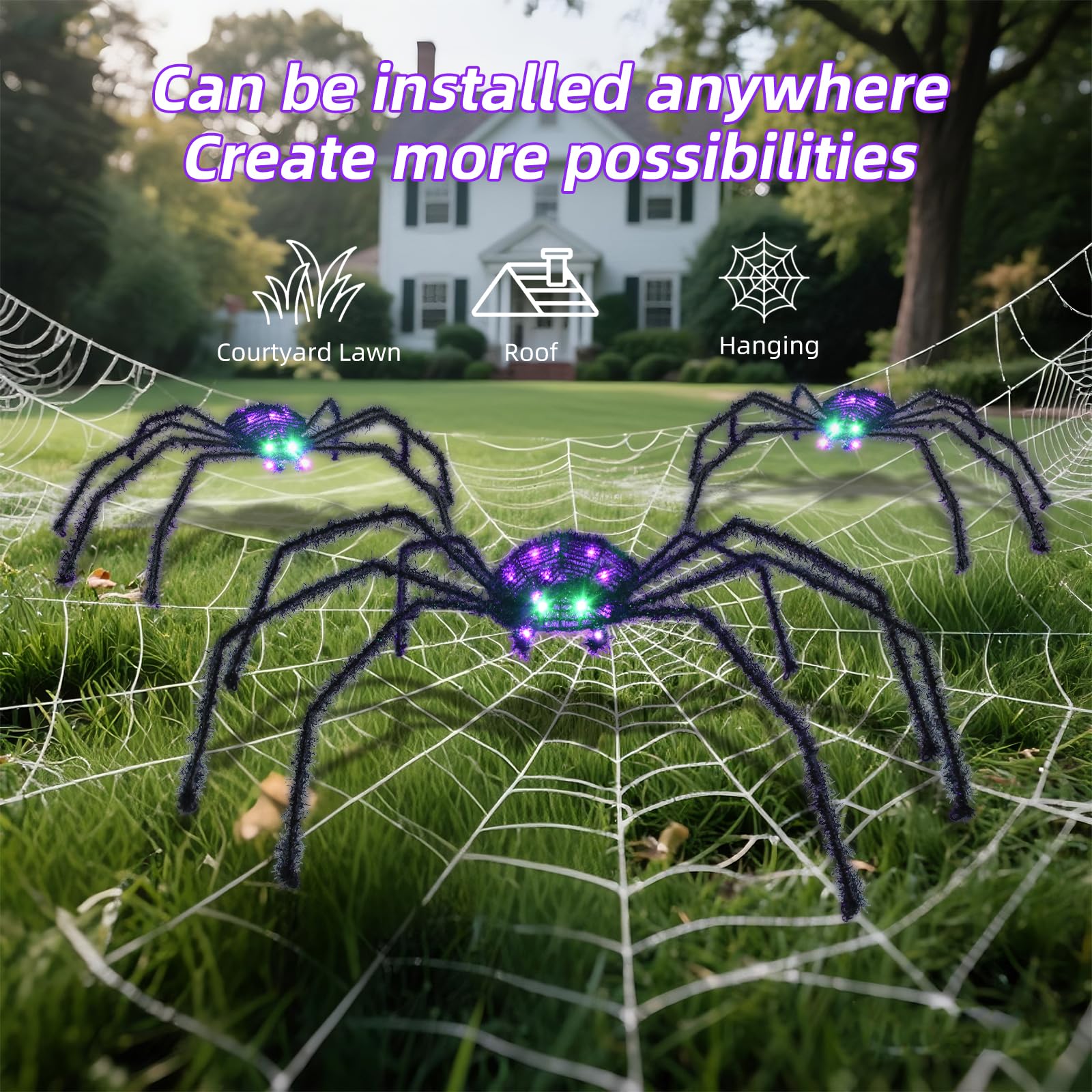 Halloween Decorations Outside Giant Spider - HOYECHI Outdoor Halloween Decor Lighted Spider 4.2FT, Light Up Spider with 90 LED Lights, Ground Stakes, for Front Yard Porch Gardens Lawns Party
