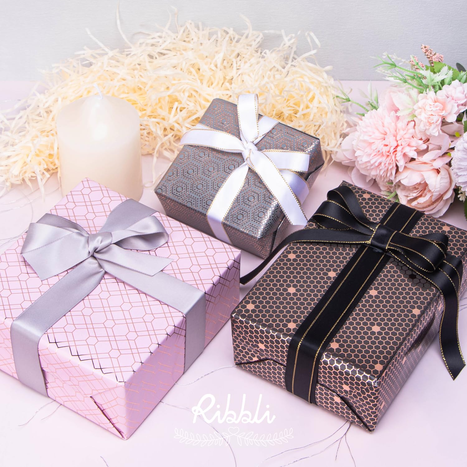 Ribbli Birthday Wrapping Paper Iridescent Gift Wrapping Paper Mini Roll, 3 Rolls Happy Birthday Polka Dots Stripes Printed Assortment - 17 inch x 120 inch(10feet) Per Roll