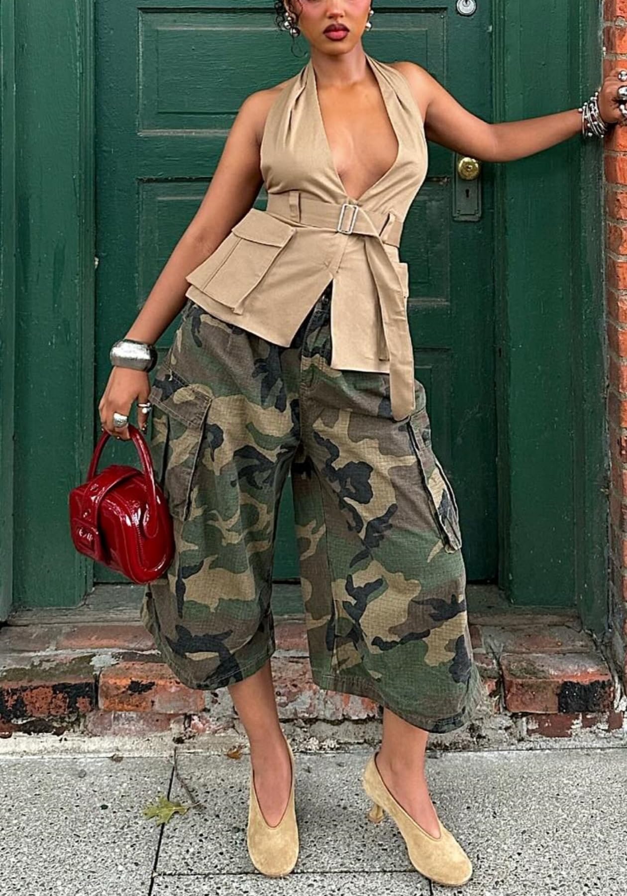 Unybwonn Women Baggy Cargo Jeans Camo Army Fatigue Wide Leg Harem Cropped Denim Pants Plus Size Camouflage Jean Trousers