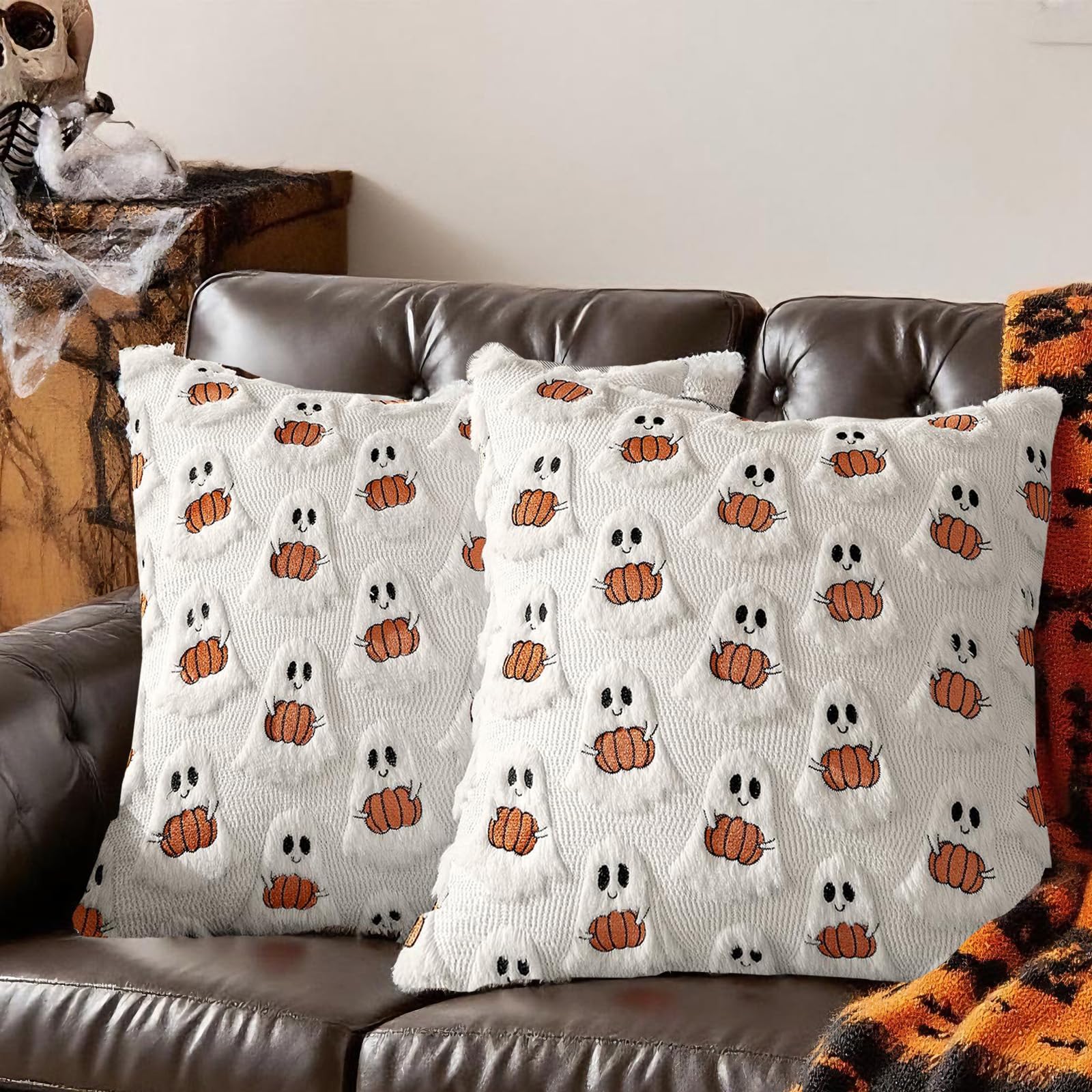 Halloween Decor Throw Pillow Covers Set of 2-18x18 Inches Ivory Cute Ghost Hugging Pumpkin, Plush Soft for Spooky Season & Cozy Fall Decor