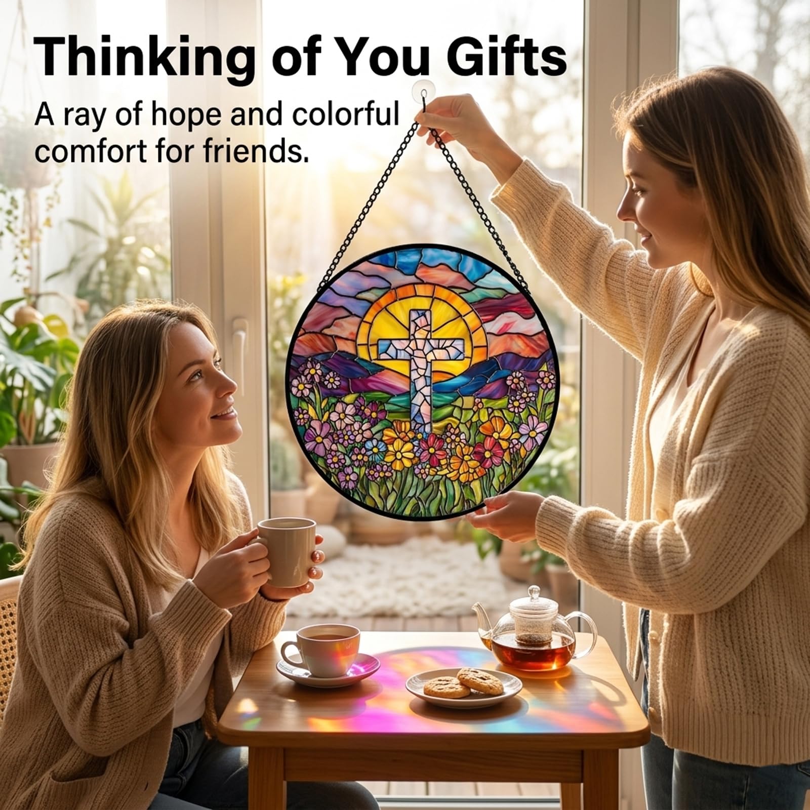 Birthday Gifts for Women - Beach Shell Faux Stained Glass Window Hanging Sun Catcher for Door Garden Acrylic Ocean Decor Mother's Day Christmas for Mom Men Nana Grandma Sisters 6.3"