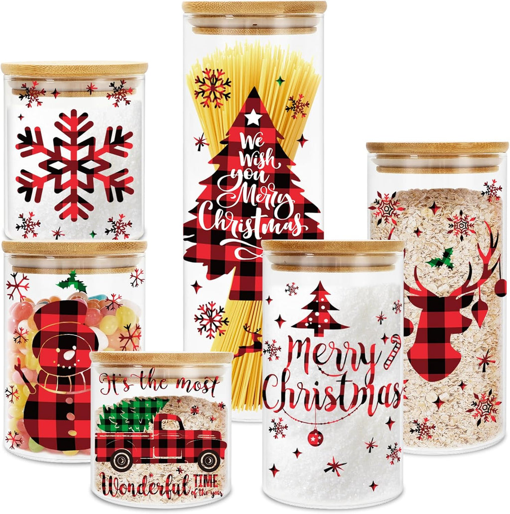 JarThenaAMCS 6Pcs Merry Christmas Glass Storage Jars with Airtight Lid Red Black Plaid Xmas Tree Snowman Reindeer Snowflake Canisters Sets for Home Kitchen Countertop
