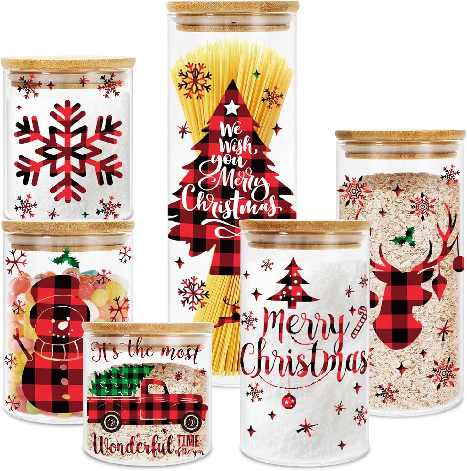 JarThenaAMCS 6Pcs Merry Christmas Glass Storage Jars with Airtight Lid Red Black Plaid Xmas Tree Snowman Reindeer Snowflake Canisters Sets for Home Kitchen Countertop