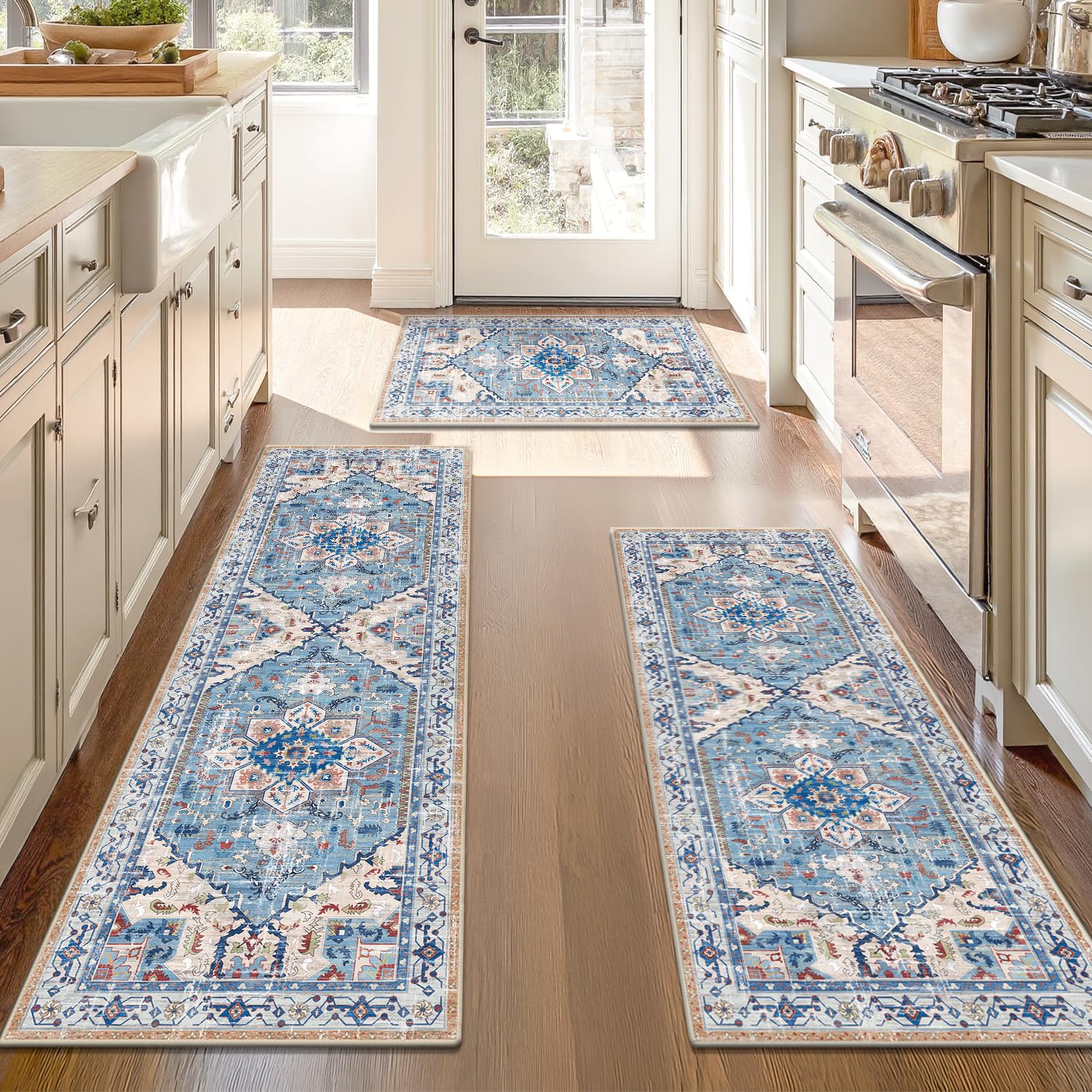 Yamaziot Christmas Kitchen Rugs Sets of 3, Non Slip Kitchen Mats for Floor with Rubber Backing, Holiday Christmas Snowflake Runner Rug Decor Home Decorations for Kitchen, Laundry Room, Hallway