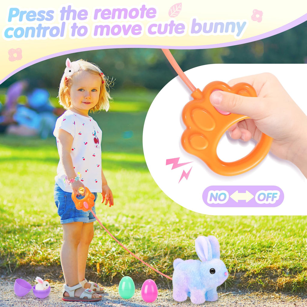 CatchCute Easter Plush Bunny Toys for Kids,Interactive Bunny with Sounds,Can Walk,Wag Tail and Twitch Nose with Remote Control Leash,Easter Eggs with Pull Back Cars,Easter Birthday Gift for Toddlers