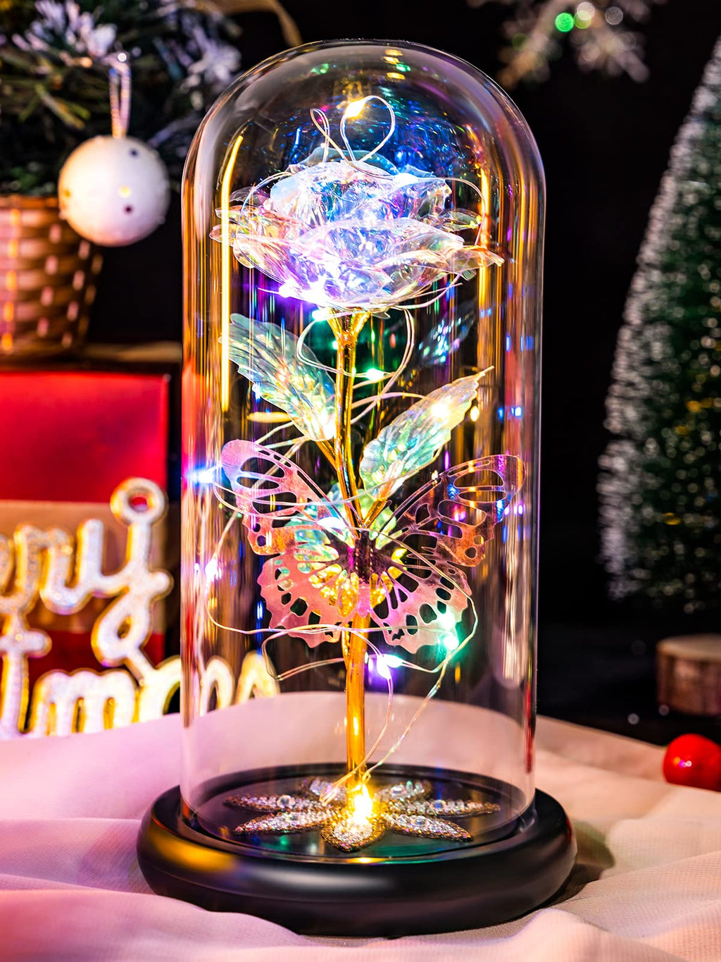 Pusuny Mothers Day Flowers Gifts for Mom Women Birthday Gift Galaxy Glass Rose Forever Eternal Crystal Flowers Rose in Glass Dome with Butterfly Mother's Day Roses Gifts for Mom Daughter Wife Purple