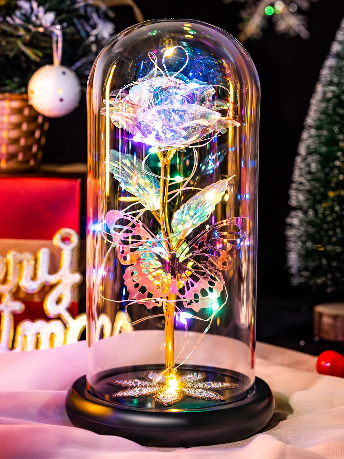 Pusuny Mothers Day Flowers Gifts for Mom Women Birthday Gift Galaxy Glass Rose Forever Eternal Crystal Flowers Rose in Glass Dome with Butterfly Mother's Day Roses Gifts for Mom Daughter Wife Purple