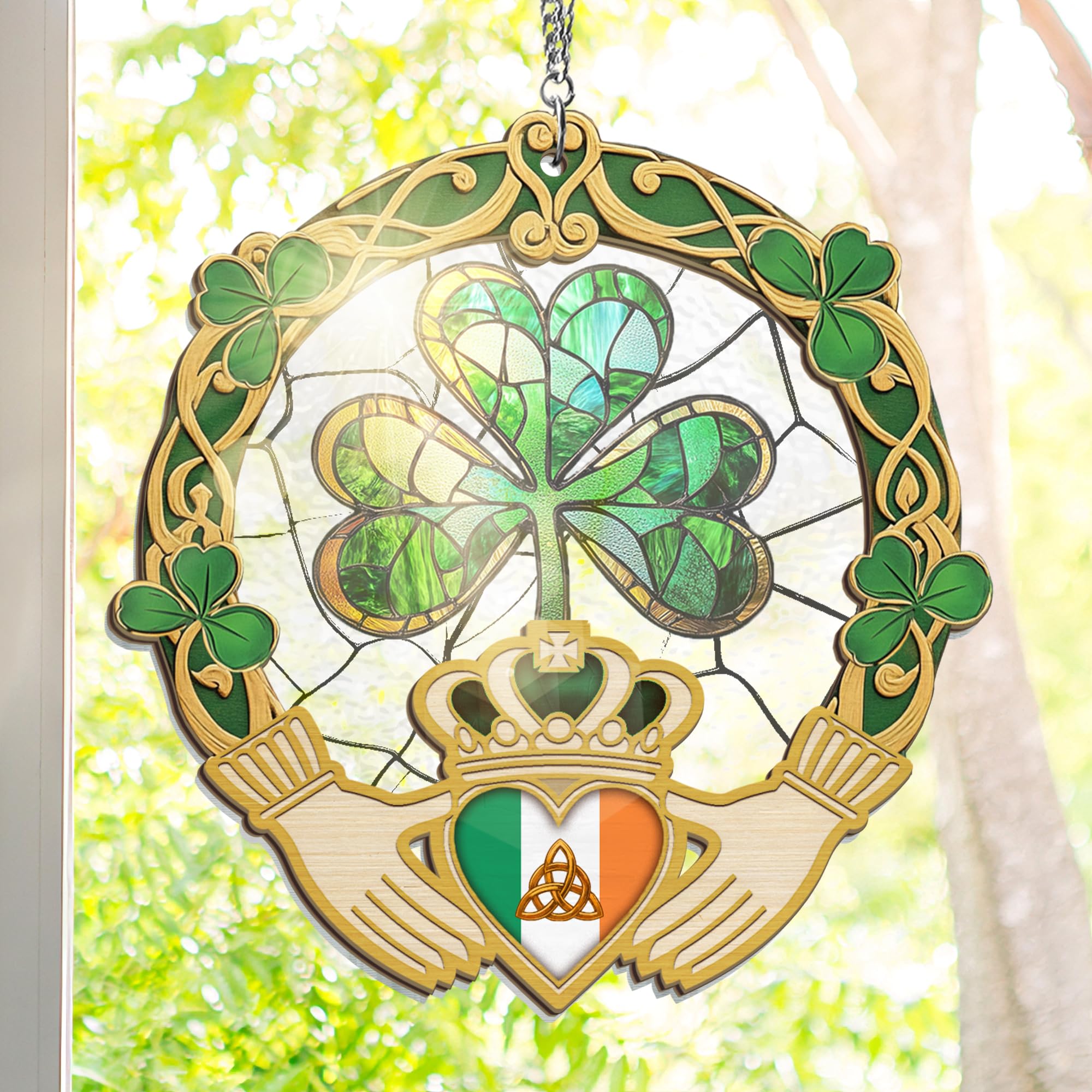 FLAGWIX St Patricks Day Decorations - Hanging Suncatcher 6 in, Shamrock St Patricks Day Decorations, Irish Suncatcher for Home Garden Decor - Irish Gifts for Women Men, Spiritual Gifts for Mom Grandma