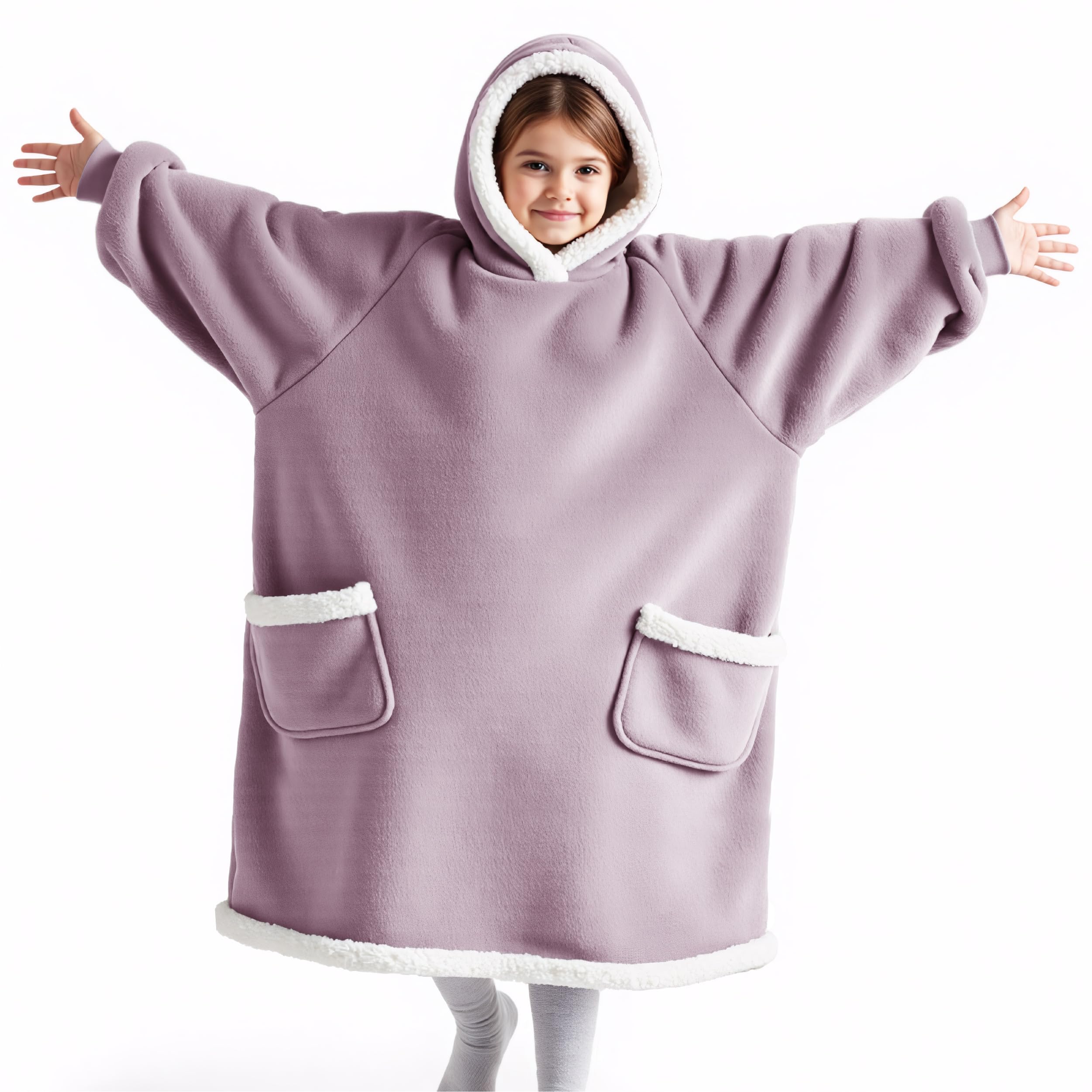 Bedsure Blanket Hoodie, Wearable Blanket Hoodie as Gifts for Mom, Birthday Gifts for Women Kids Teens Mother's Day Sherpa Sweatshirt, Grey, Standard