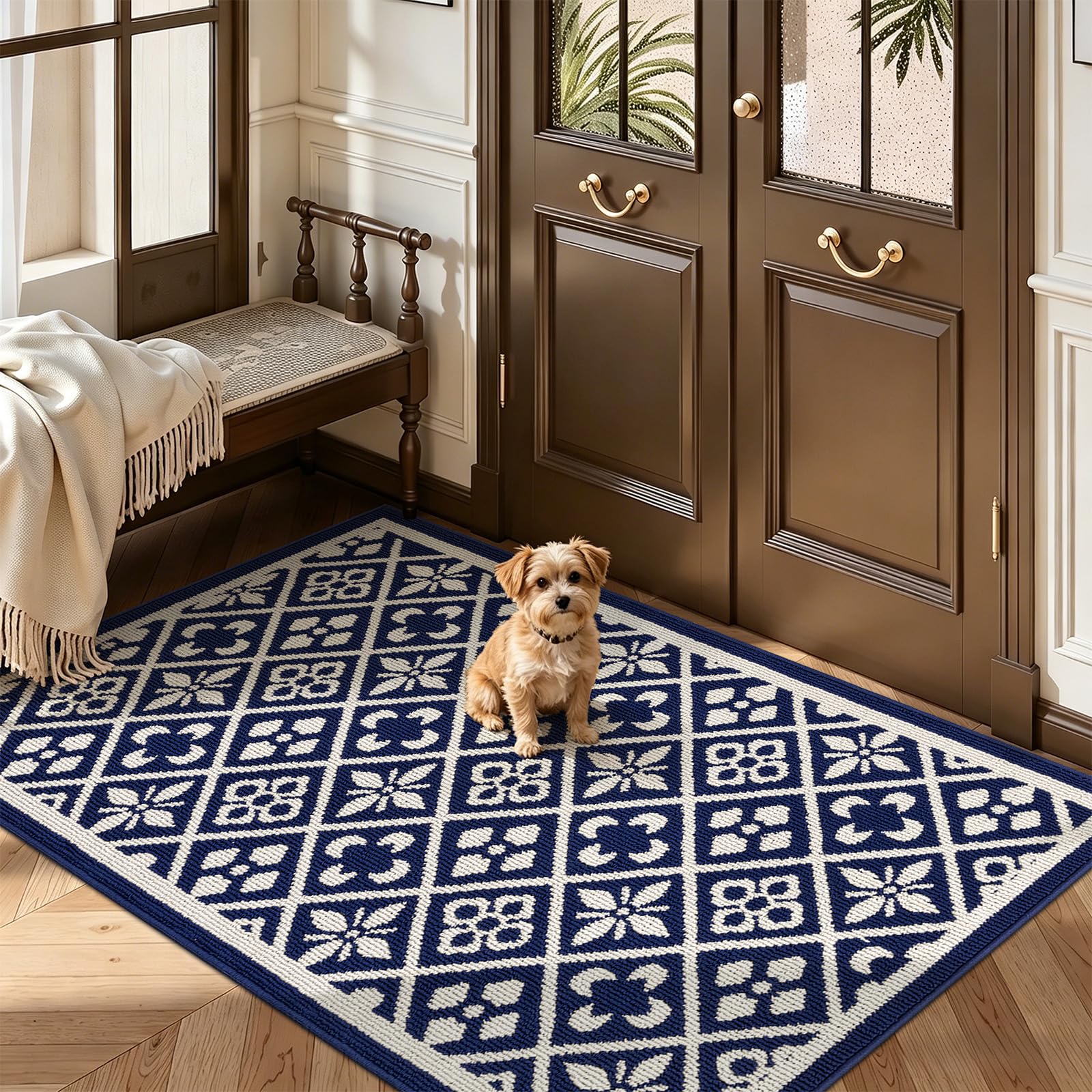 Ileading Christmas Entrance Door Mat, Absorbent Dog Mats for Muddy Paws, Low-Profile Small Red Xmas Decor Kitchen Runner Rug with Non-Slip Backing, Machine Washable Entryway Welcome Mat(Red 24"X36")