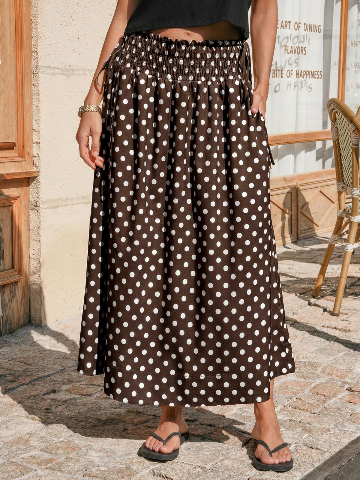 Tankaneo Womens Polka Dot Maxi Skirts Boho Smocked High Waisted Tie Skirt Casual Beach Vacation Dress