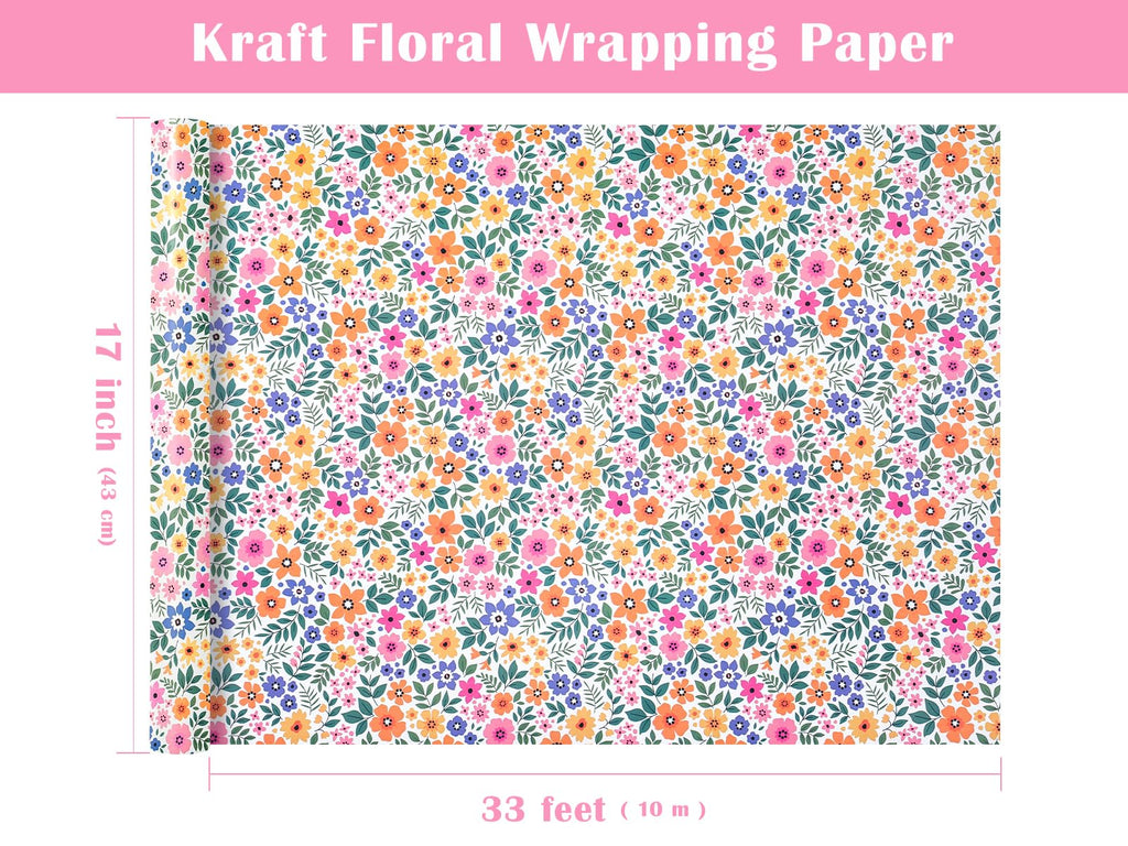 WRAPAHOLIC Kraft Floral Wrapping Paper Roll - Mini Roll - 17 Inch x 9.8 Feet - Spring Summer Garden Flower Design Perfect for Wedding, Bridal Shower, Birthday