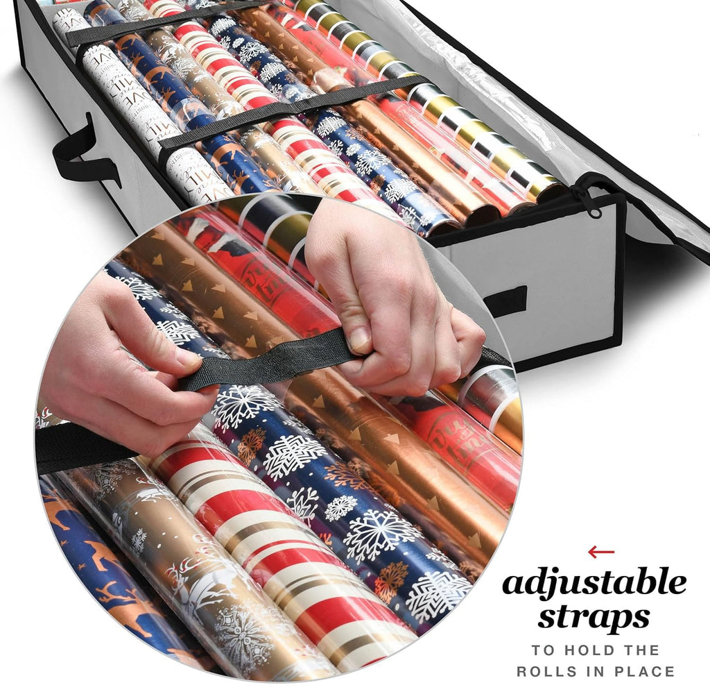 Premium Wrapping Paper Organizer Storage | Gift Wrap Holder With Extra Pockets for Christmas Decorations, Reinforced Handles, Heavy Duty, Ultra-Durable, Tear-Proof Fabric - Fits Up to 27 Rolls (Red)