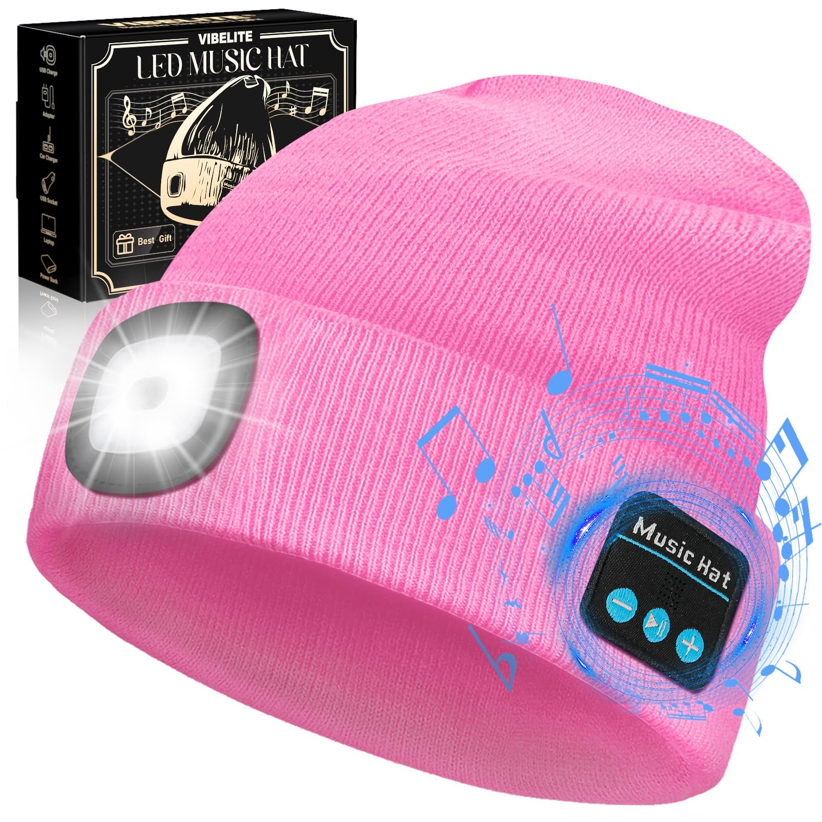 VIBELITE LED Beanie Hat with Light, USB Rechargeable LED Headlamp for Hiking, Camping, Fathers Day Gift for Dad, Husband, Birthday Gifts for Men, Women, Dad Gifts from Daughter, Wife, Black