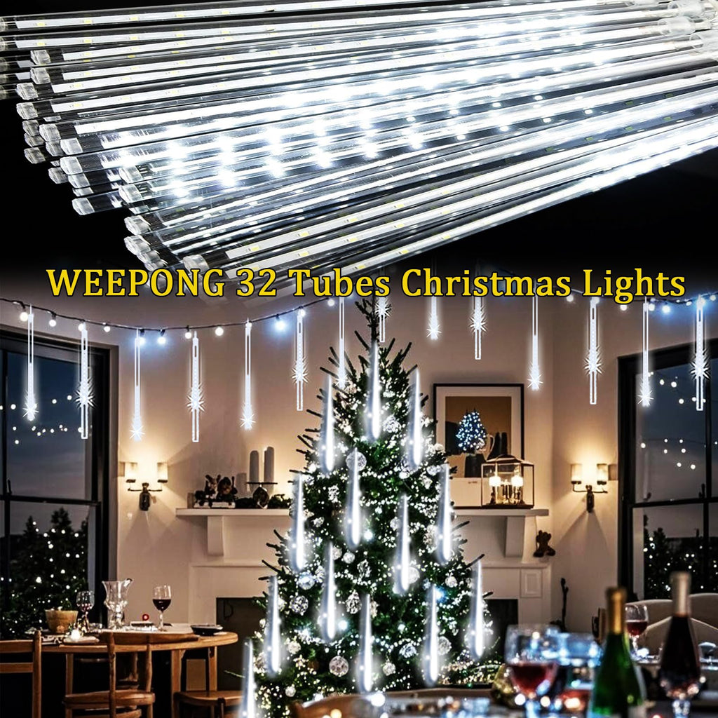 Weepong Halloween Lights Outdoor, Meteor Shower Christmas Lights for Halloween Decorations, 8 Tube 192 LED Snow Falling Rain Icicle String Light for Xmas Christmas Decor Tree Party, UL Plug Green