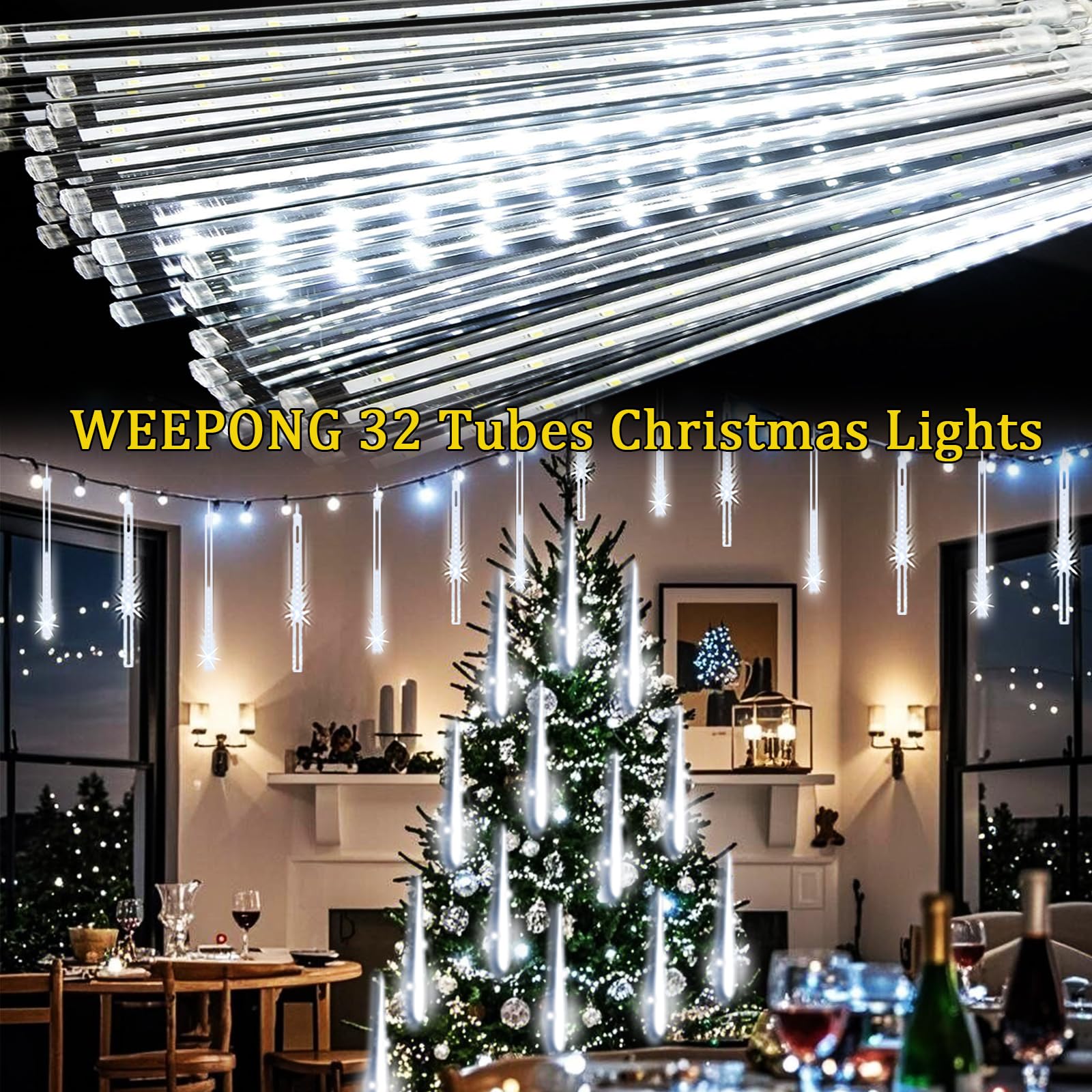 Weepong Halloween Lights Outdoor, Meteor Shower Christmas Lights for Halloween Decorations, 8 Tube 192 LED Snow Falling Rain Icicle String Light for Xmas Christmas Decor Tree Party, UL Plug Green