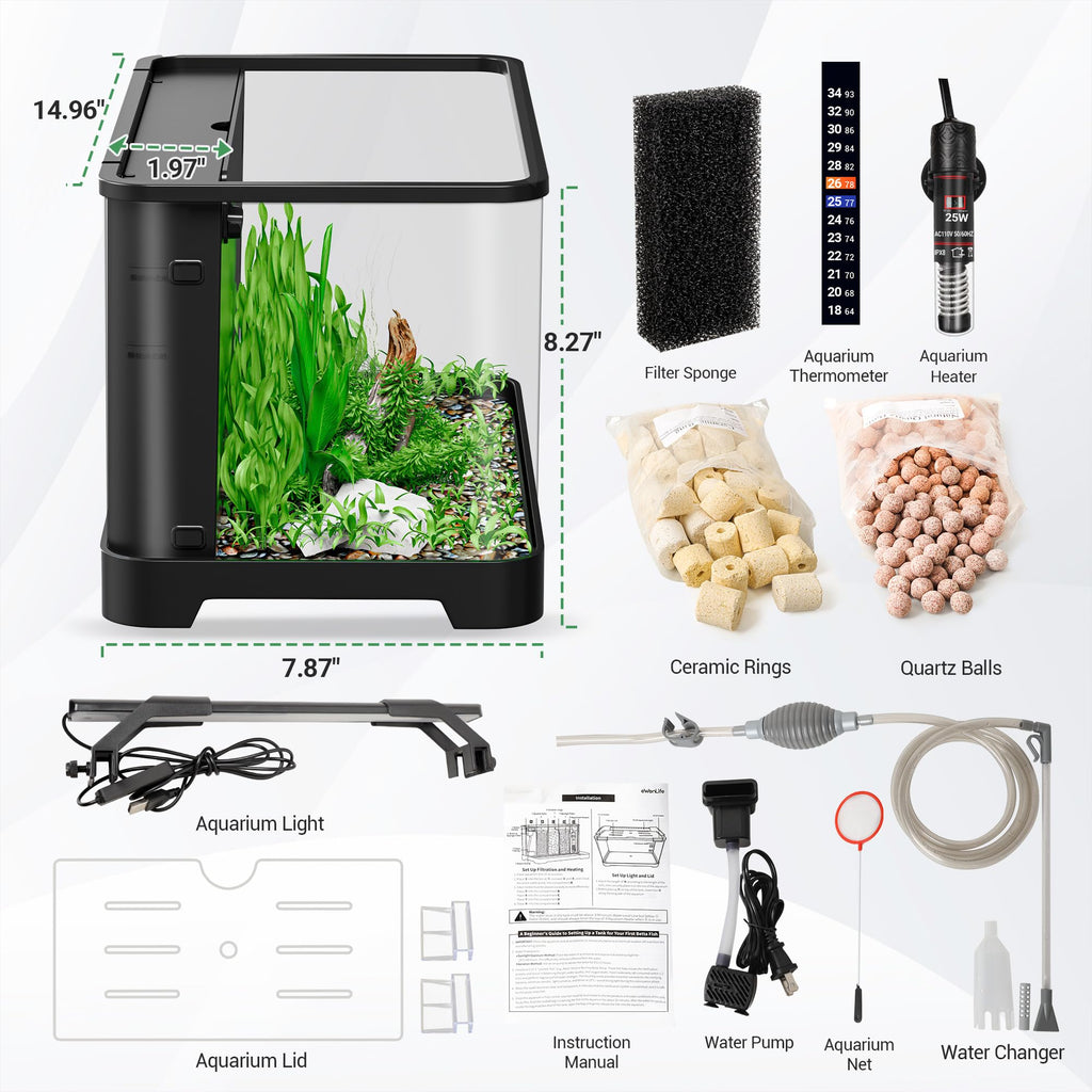 3.5 Gallon Betta Fish Tank, All in One Aquarium Starter Kits with Back Filter, Adjustable Pump, 25W Heater, LED Thermometer, LED Light with Timer & Water Changer Kit, Gifts for Mom Wife