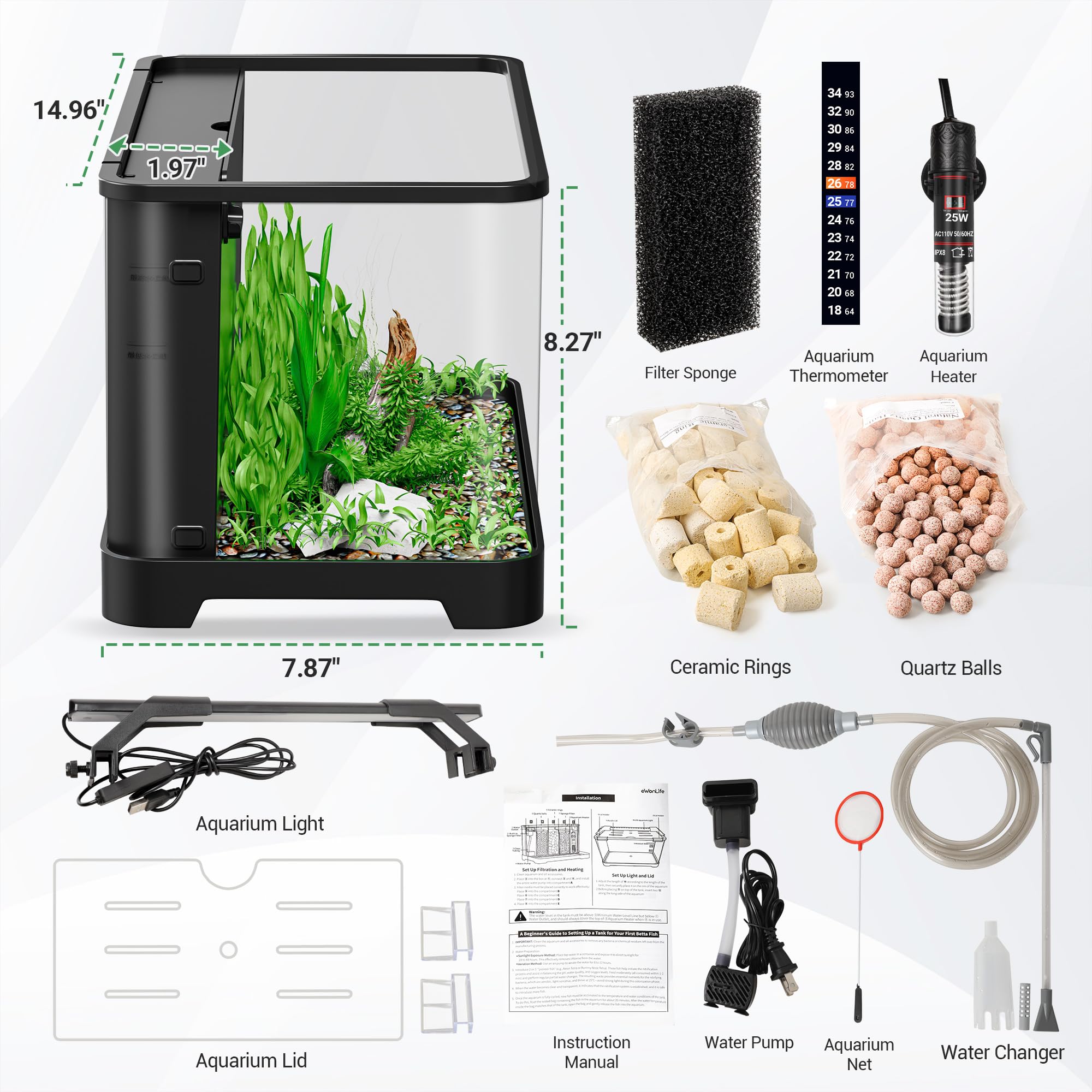 3.5 Gallon Betta Fish Tank, All in One Aquarium Starter Kits with Back Filter, Adjustable Pump, 25W Heater, LED Thermometer, LED Light with Timer & Water Changer Kit, Gifts for Mom Wife