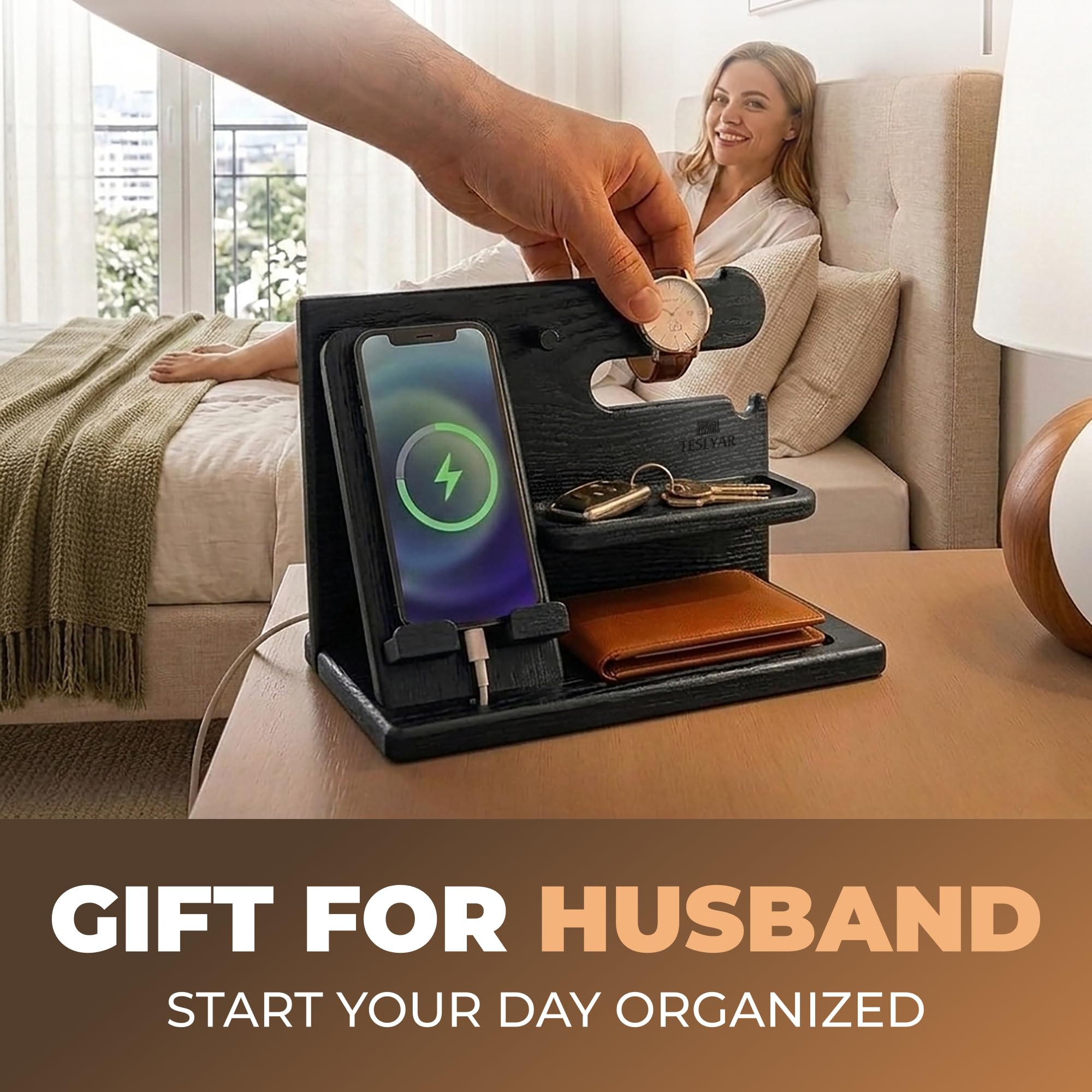 TESLYAR Wood Phone Docking Station for Men - Desk or Nightstand Organizer - Birthday Gifts for Husband, Dad - Anniversary Idea from Wife - Key Holder, Stand Wallet, Watch & Essentials (Bourbon Brown)