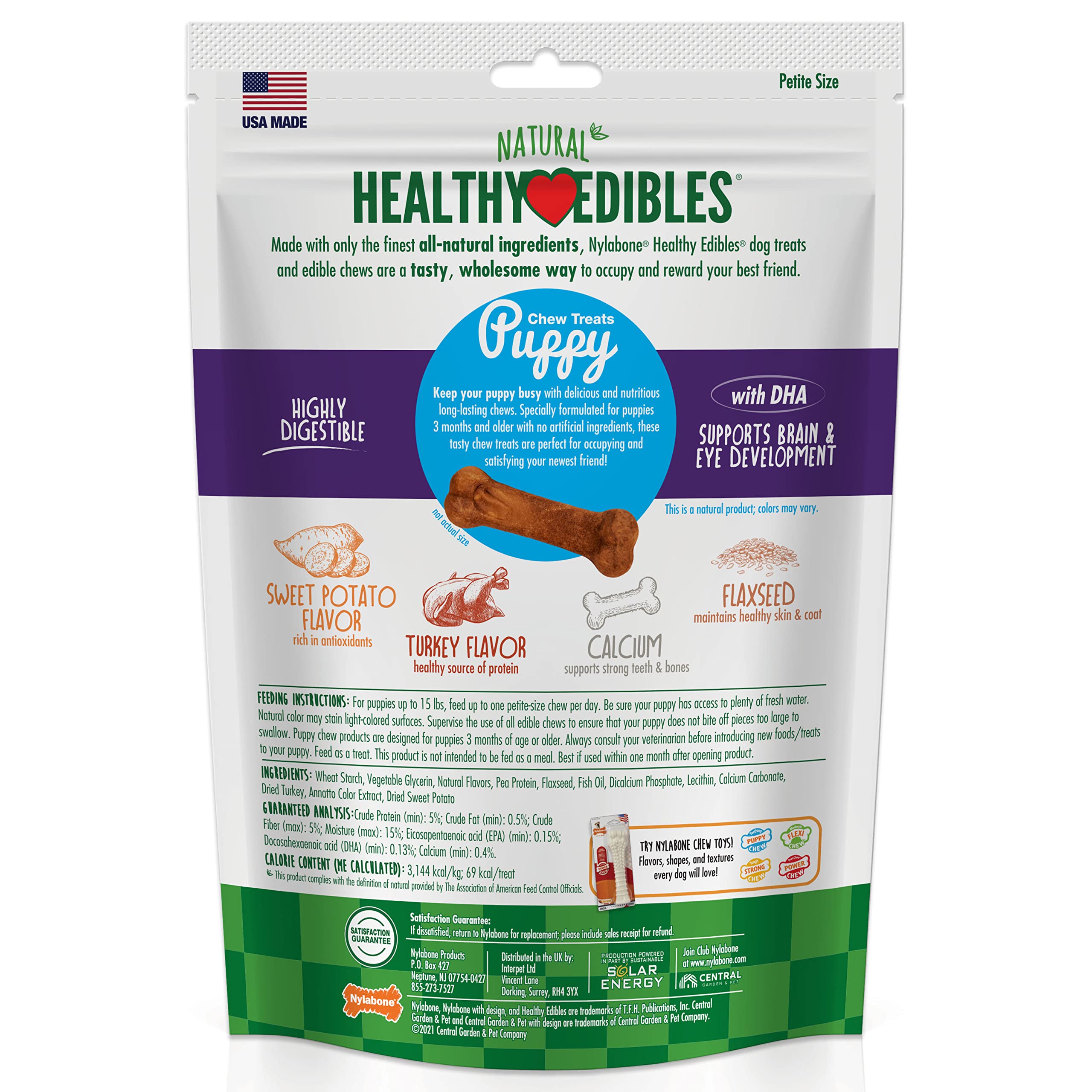 Nylabone Healthy Edibles Natural Puppy Chews Long Lasting Treats for Puppies, Roast Beef/Apple/Bacon Dog Treats, X-Small/Petite (3 Count)