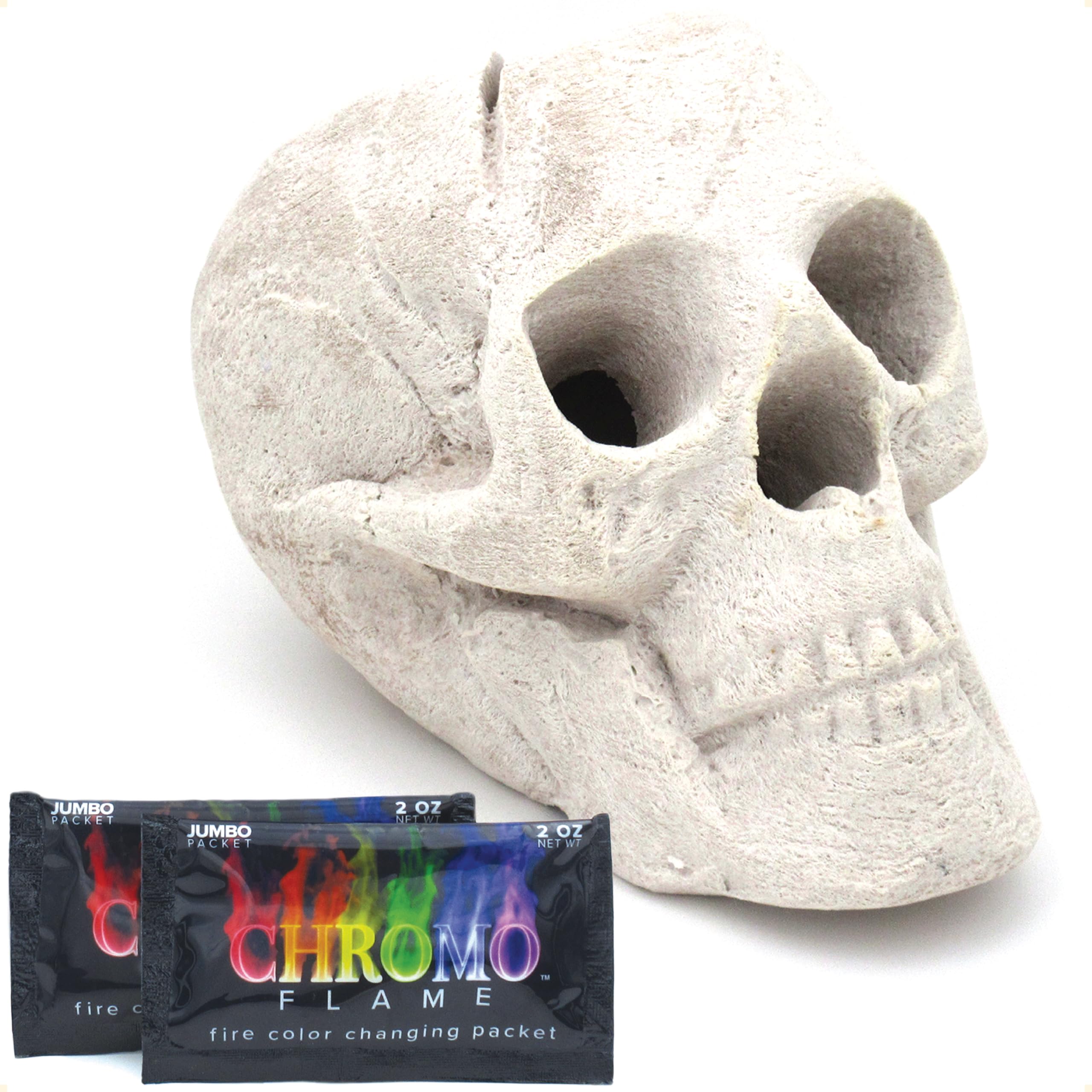 OSKER Fire Pit Skull with Fire Color Changing Packets | Ceramic Fireproof Log for Bonfire, Campfire, Fireplace, Firepit | Halloween Decor | Gas, Propane, or Wood Fires | 9 Inch - Light Beige