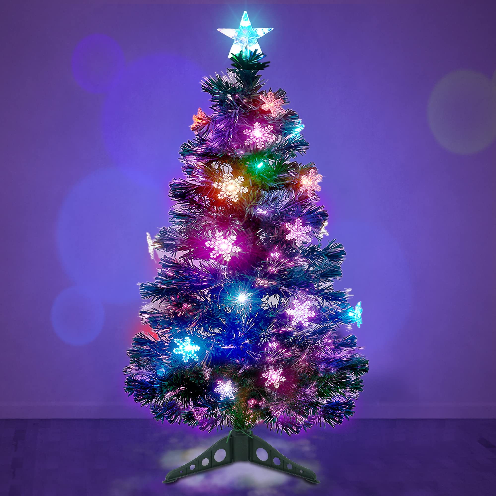 Prsildan 4 FT Artificial Christmas Tree, Pre-Lit Optical Fiber Xmas Trees with Multicolor LED Lights, Snowflakes & Top Star, Lighted Christmas Tree Holiday Home Decor