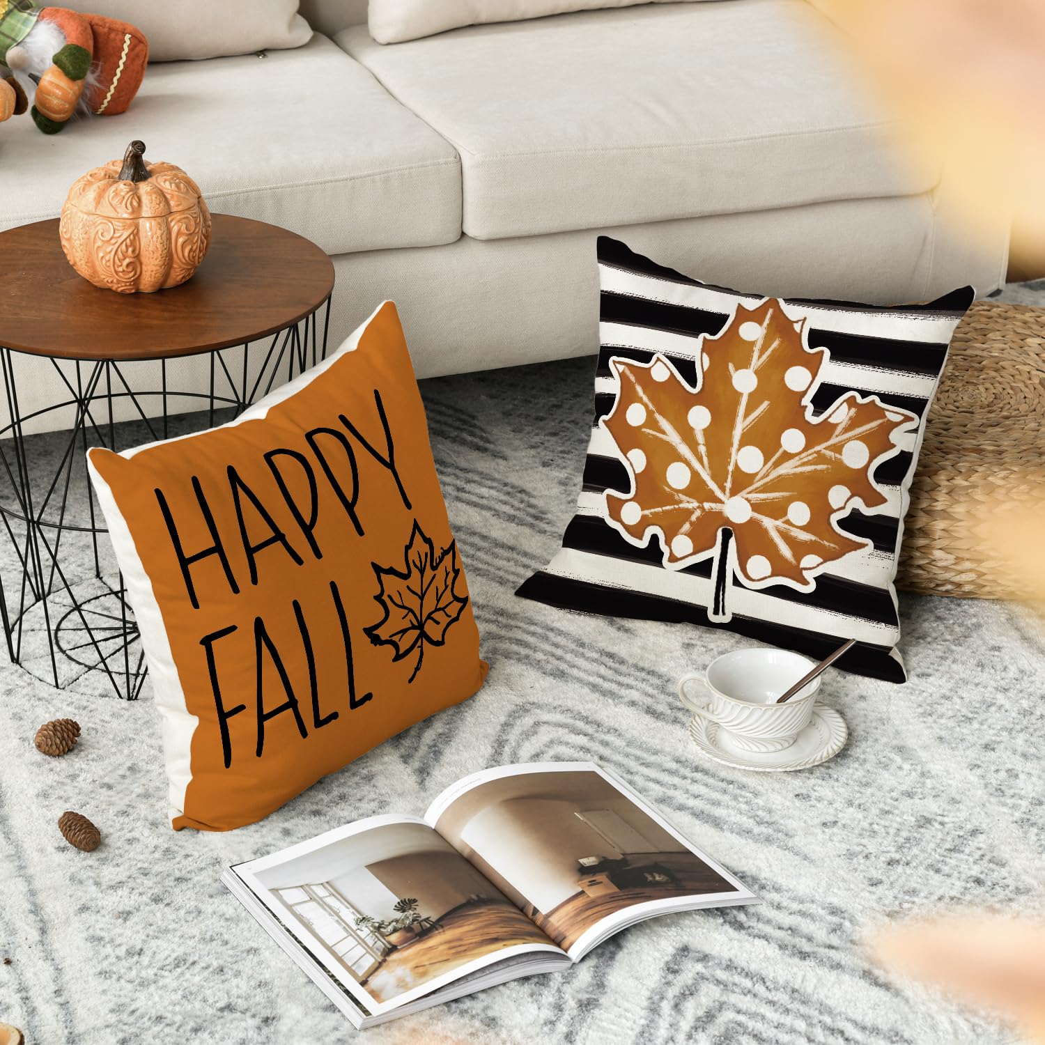 AVOIN colorlife Happy Fall Hello Pumpkin Throw Pillow Covers, 18 x 18 Inch Autumn Thanksgiving Harvest Polka Dot Maple Leaf Decorations for Sofa Couch Set of 4