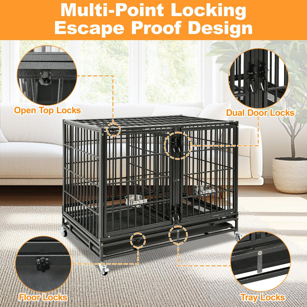 Homey Pet 37 Inch Heavy Duty Dog Crate for Medium Dogs, Stackable Dog Cage with Four Lockable Wheels, Removable Tray & Grid, Open Top, Escape Proof Dog Kennel Indoor