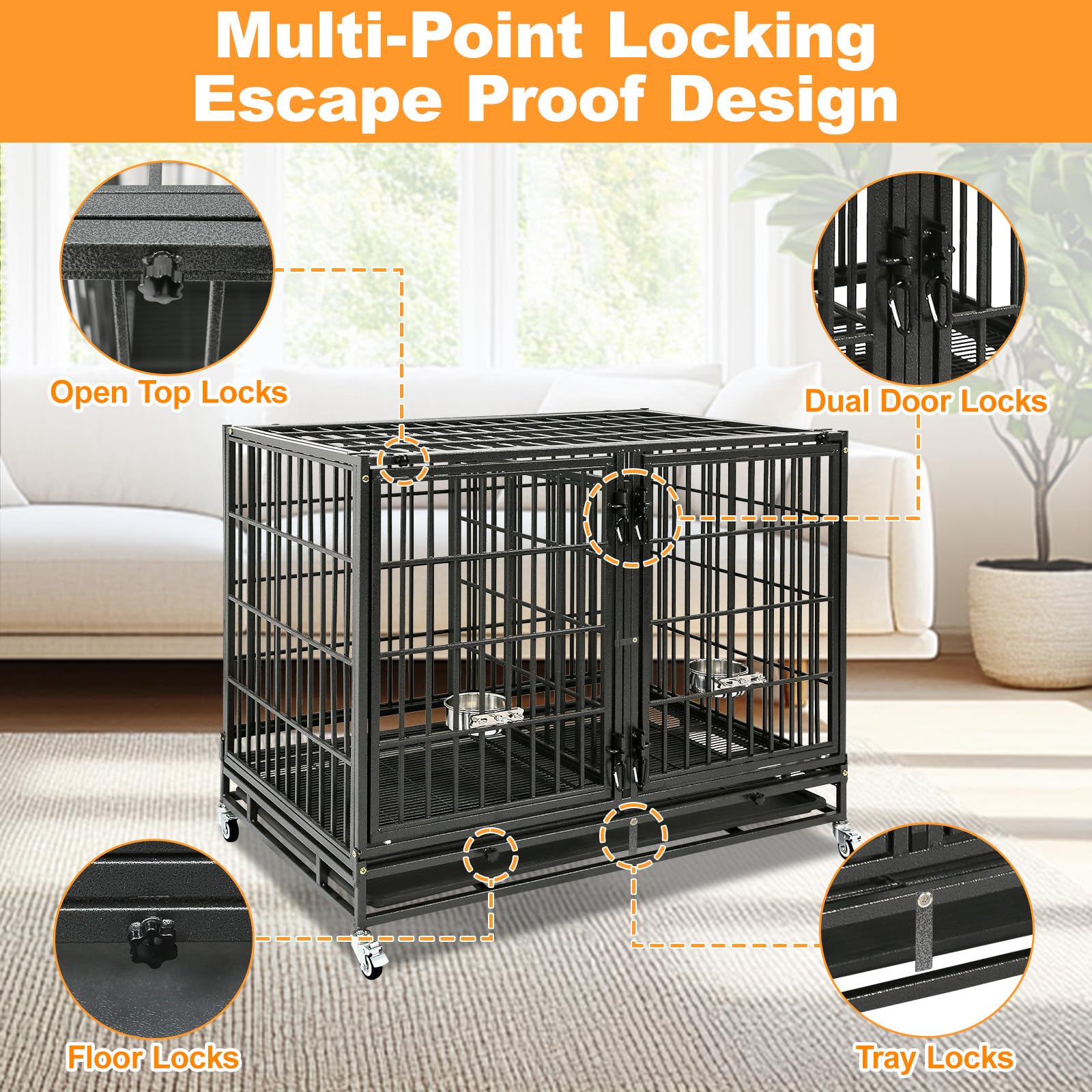Homey Pet 37 Inch Heavy Duty Dog Crate for Medium Dogs, Stackable Dog Cage with Four Lockable Wheels, Removable Tray & Grid, Open Top, Escape Proof Dog Kennel Indoor