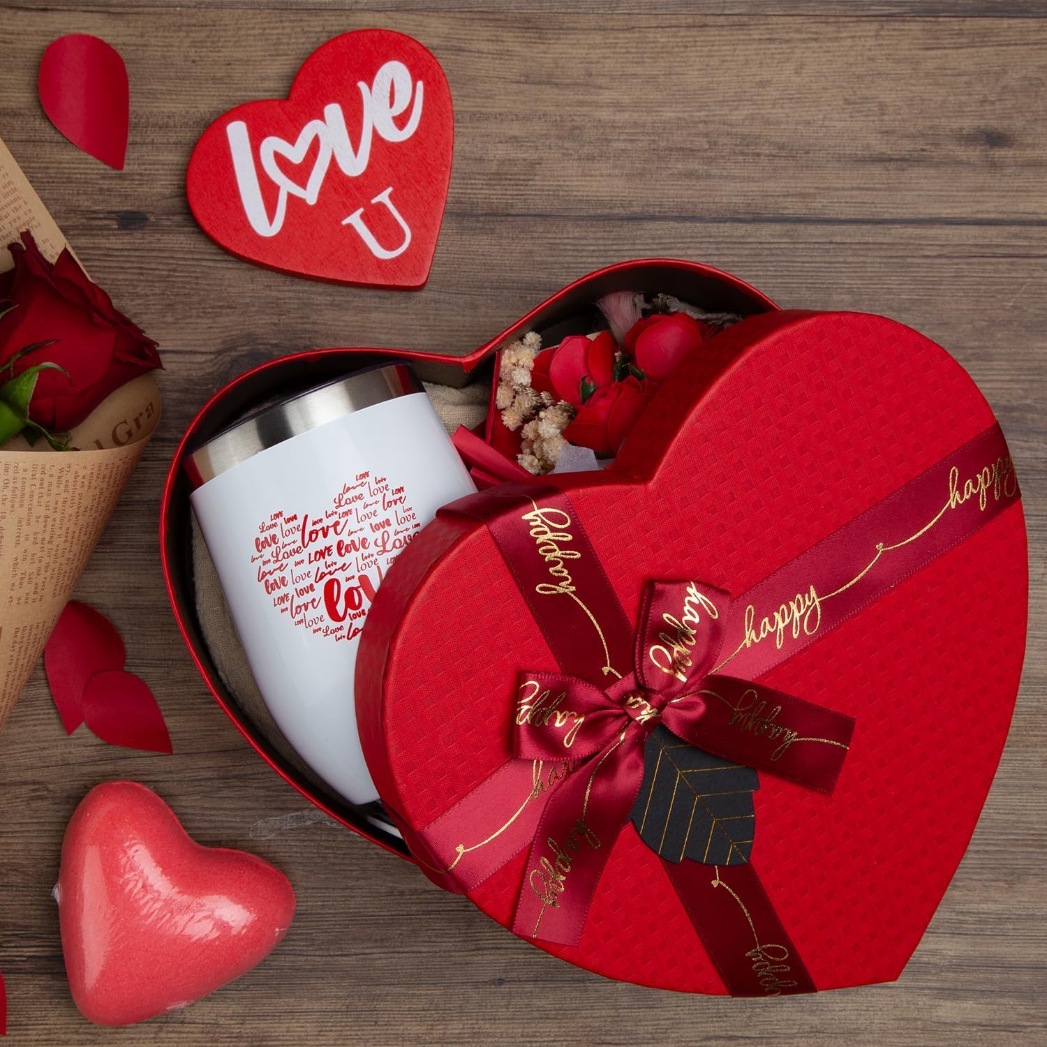 Mothers Day Gifts Mom Gifts Birthday Gifts Box for Girlfriend Wife Lover Valentine's Day Gifts for Women Heart-shaped Red Rose Love Gift Basket Love You Present Wedding & Engagement Anniversary Roman