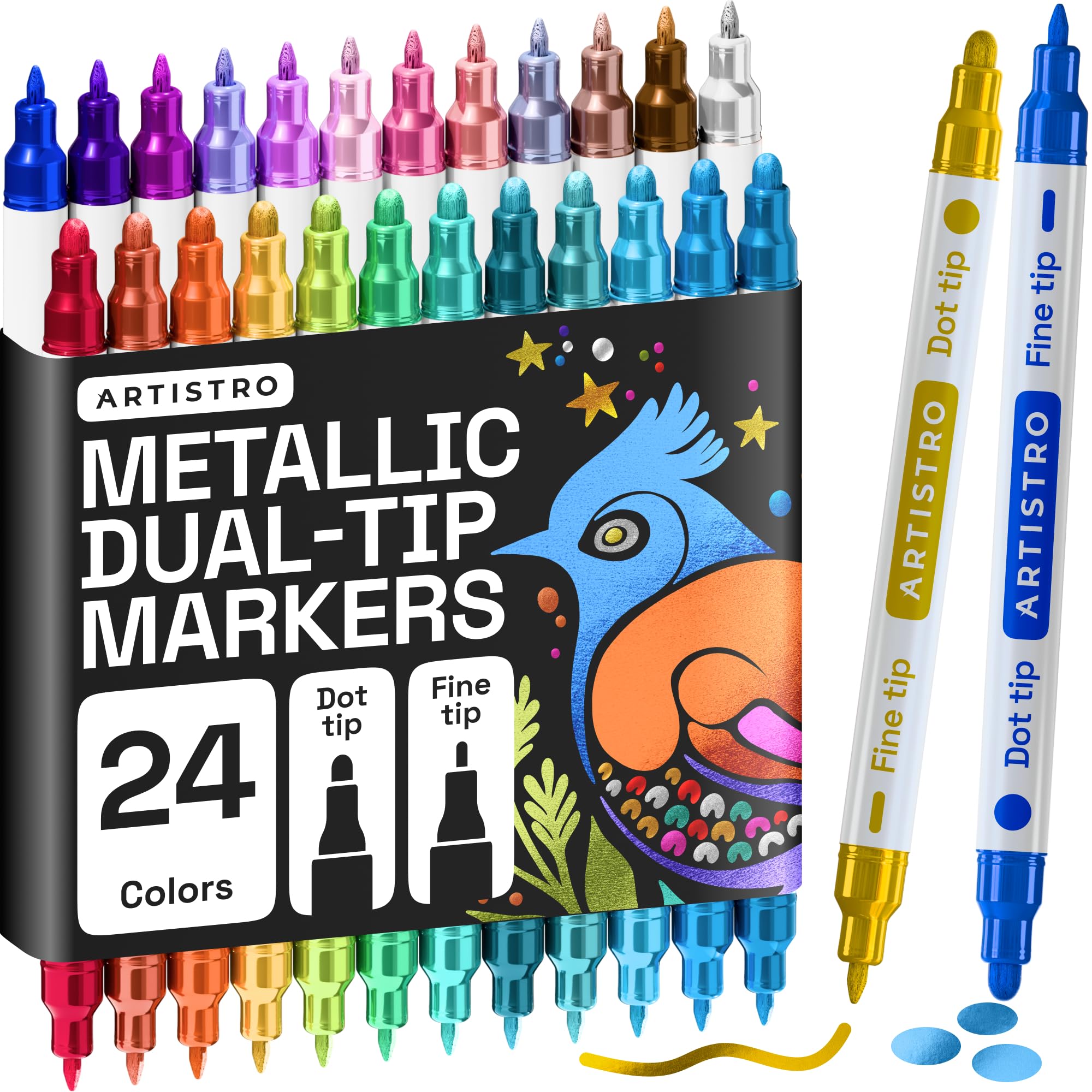 ARTISTRO 36 Dual Tip Pens, Dot & Fine Tips Paint Markers – Paint Pens Set for Fabric, Rock, Glass, Wood, Coloring Books – Arts & Crafts Gift – Classroom Must Haves & School Supplies