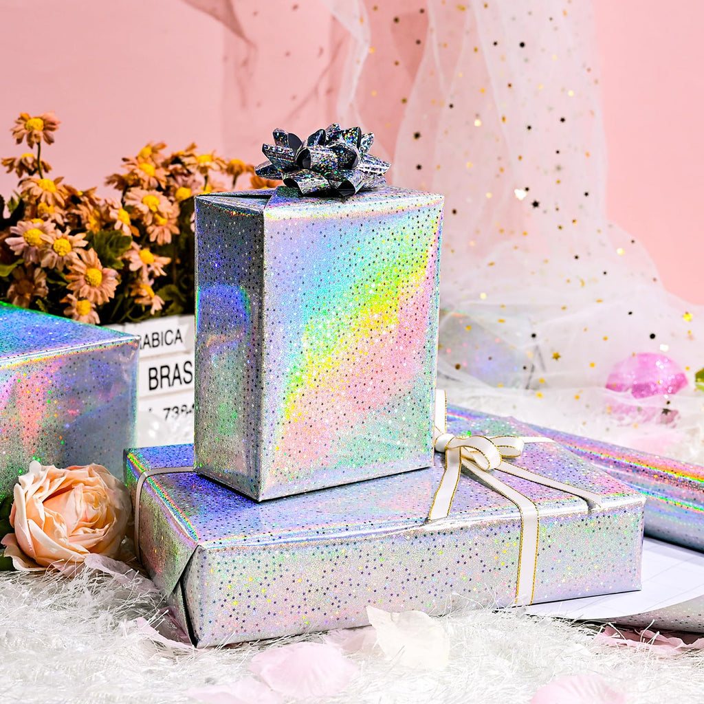 Burymento Black Wrapping Paper Roll, Metallic Holographic Stripe Gift Wrap for Birthday, Valentines, Mothers day, Graduation, Wedding, Fathers day, Baby Shower, Christmas (17 IN x 32.8 FT)