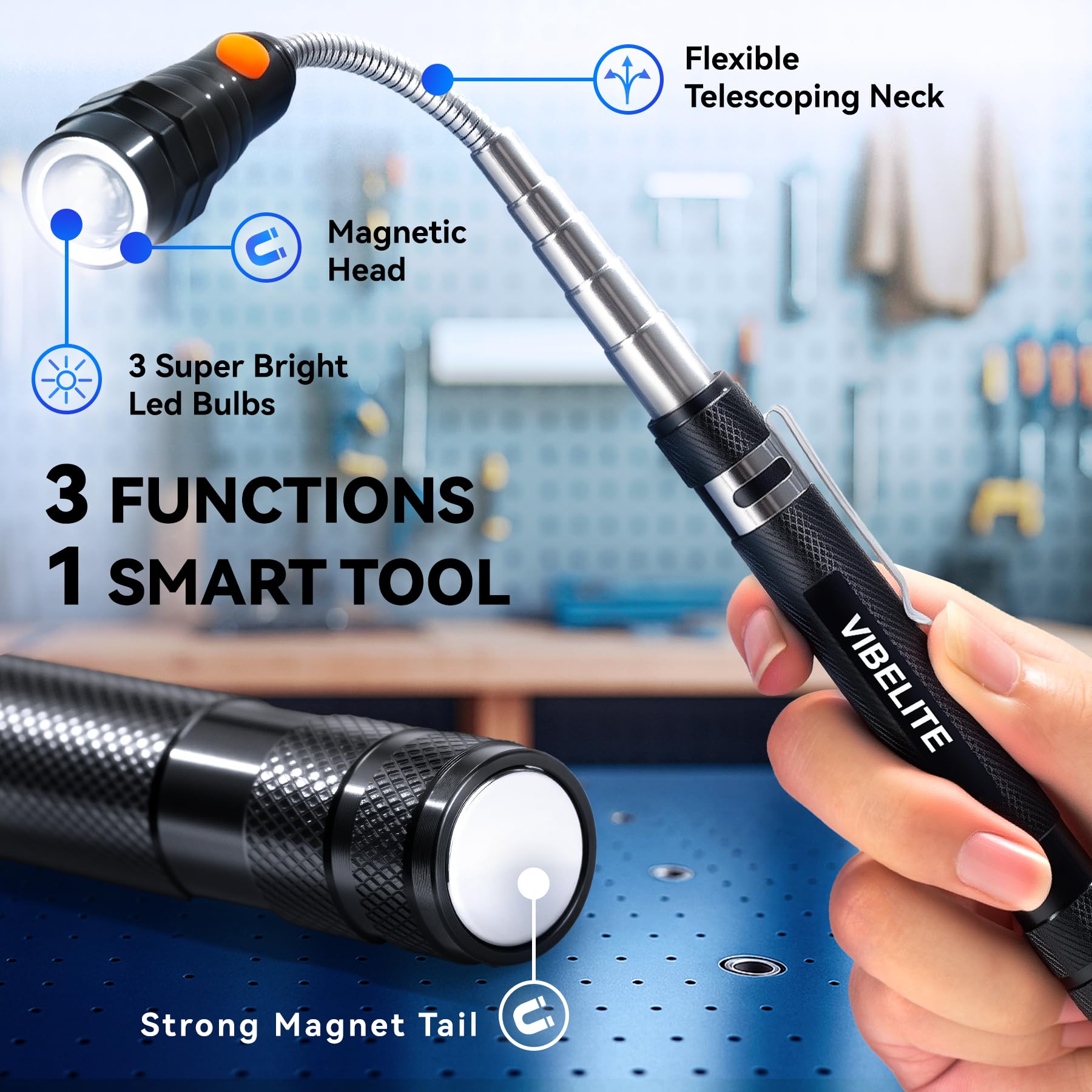 VIBELITE Extendable Magnetic Flashlight with Telescoping Magnet Pickup Tool-Fathers Day Dad Gifts for Husband, Dad, Men, Women, Him, Mechanic, Birthday Gifts for Men, Cool Gadget, Black