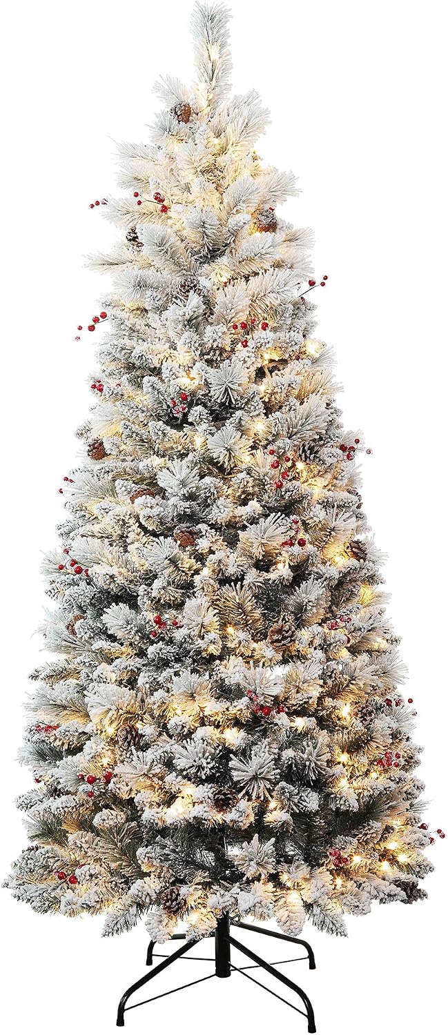 Haute Decor 6.5 Foot Pre-lit Newbury Flocked Easy Stow, Pop-Up, Pull-Up Artificial Fir Christmas Tree with 300 Warm White LED Lights and Included Storage Bag