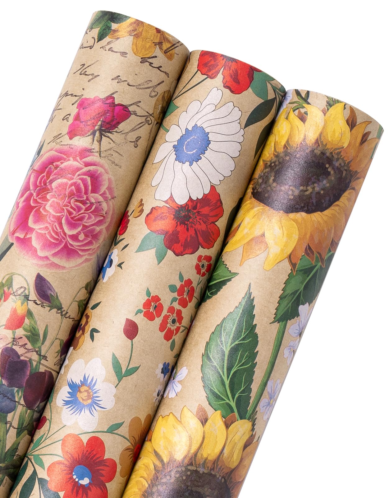 WRAPAHOLIC Kraft Floral Wrapping Paper Roll - Mini Roll - 17 Inch x 9.8 Feet - Spring Summer Garden Flower Design Perfect for Wedding, Bridal Shower, Birthday