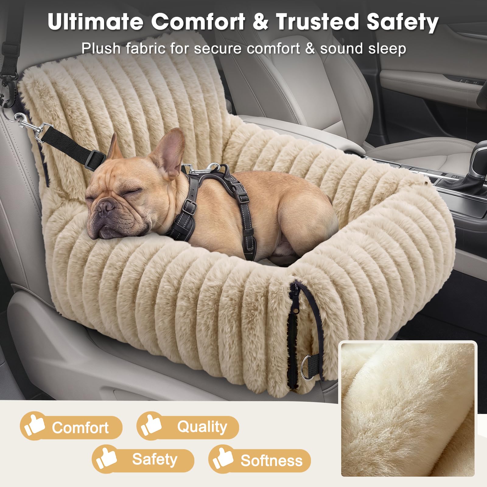 MIXJOY 6-in-1 Dog Car Seat for Small/Medium Dogs up to 25 lbs, Multi-Functional Dog Carrier for Car with Detachable Washable Cover, Pet Travel Bed with Clip-On Safety Leash, Beige