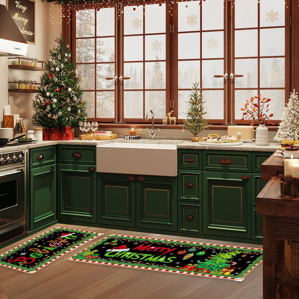 Decorative Kitchen Mat Set, Christmas Holiday Theme, Low Profile Floor Carpet for Home, Party, Autumn Decor, 2 Piece (Christmas)