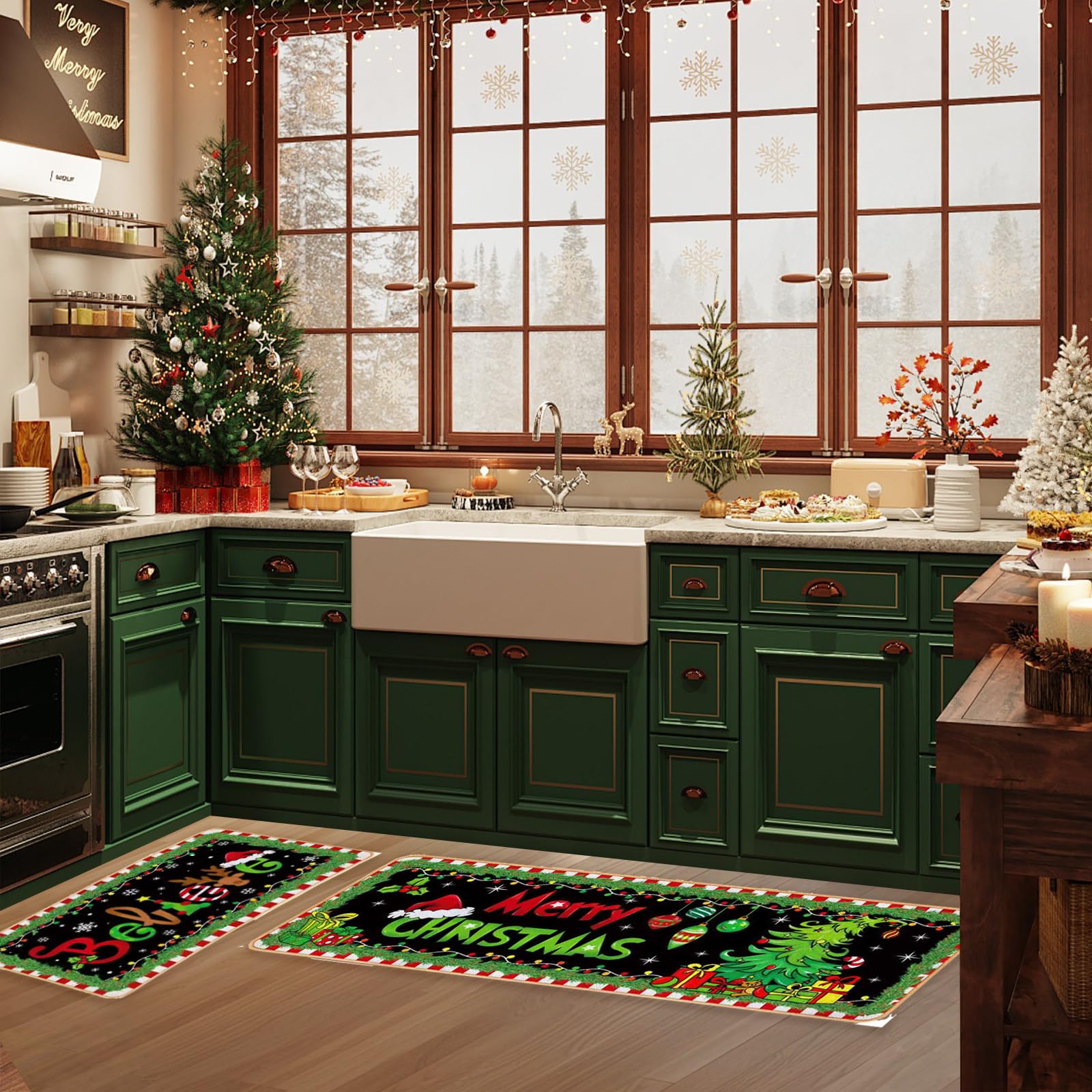 Decorative Kitchen Mat Set, Christmas Holiday Theme, Low Profile Floor Carpet for Home, Party, Autumn Decor, 2 Piece (Christmas)