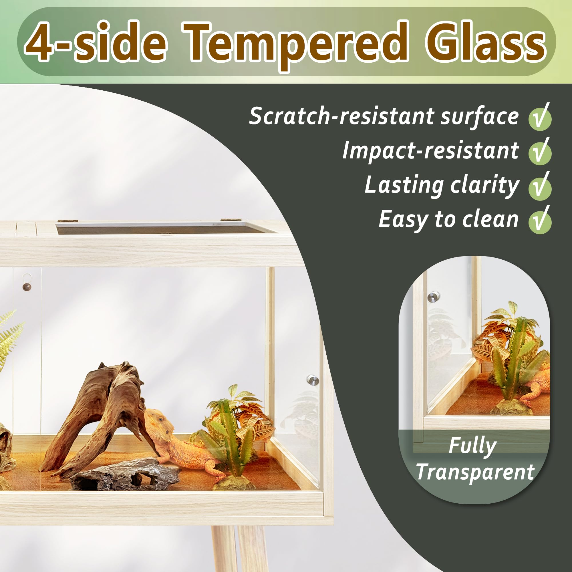 PROLEE Reptile Enclosure with Leg, 35 Gallons Bearded Dragon Tank, Tempered Glass Lizard Tank with Metal Mesh Tops and Lockable Door, Spacious Reptile Habitat for Snake,Lizard (Oak)