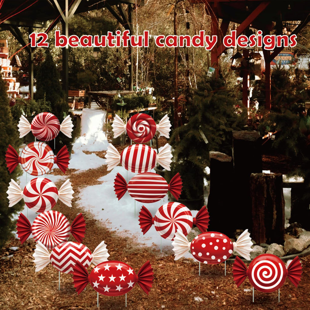 33" Christmas Decorations Outdoor Candy Christmas Decorations, 2ct Large Tall Outdoor Stake Signs 4 Interlocking PP Panels with H-Brackets Fiberglass Rods for Lawn Pathway Xmas Party