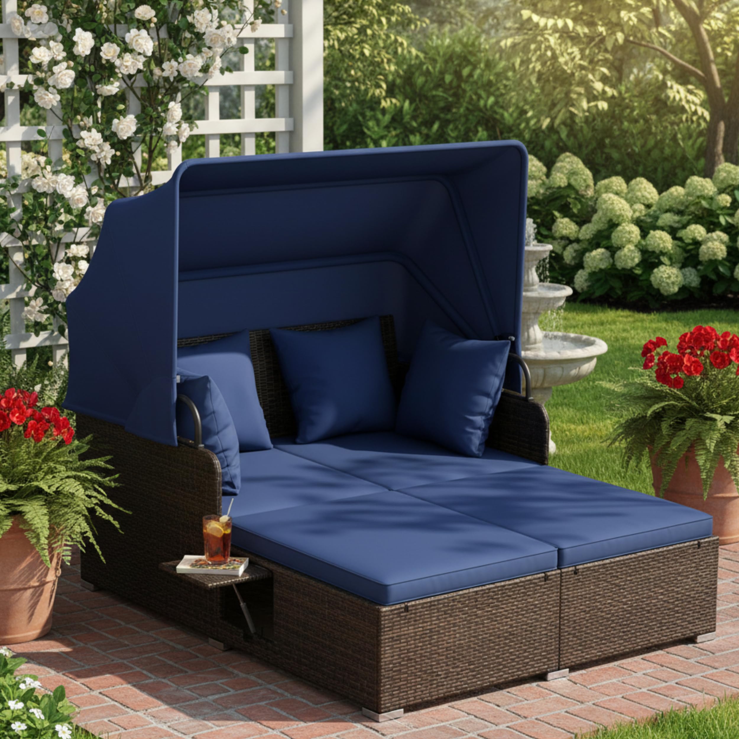 Tangkula Patio Rattan Daybed with Retractable Canopy, Outdoor Wicker Sunbed Lounger with 2 Foldable Side Tables, Thick Seat & Back Cushions, Outside Double Daybed for Garden, Backyard, Porch