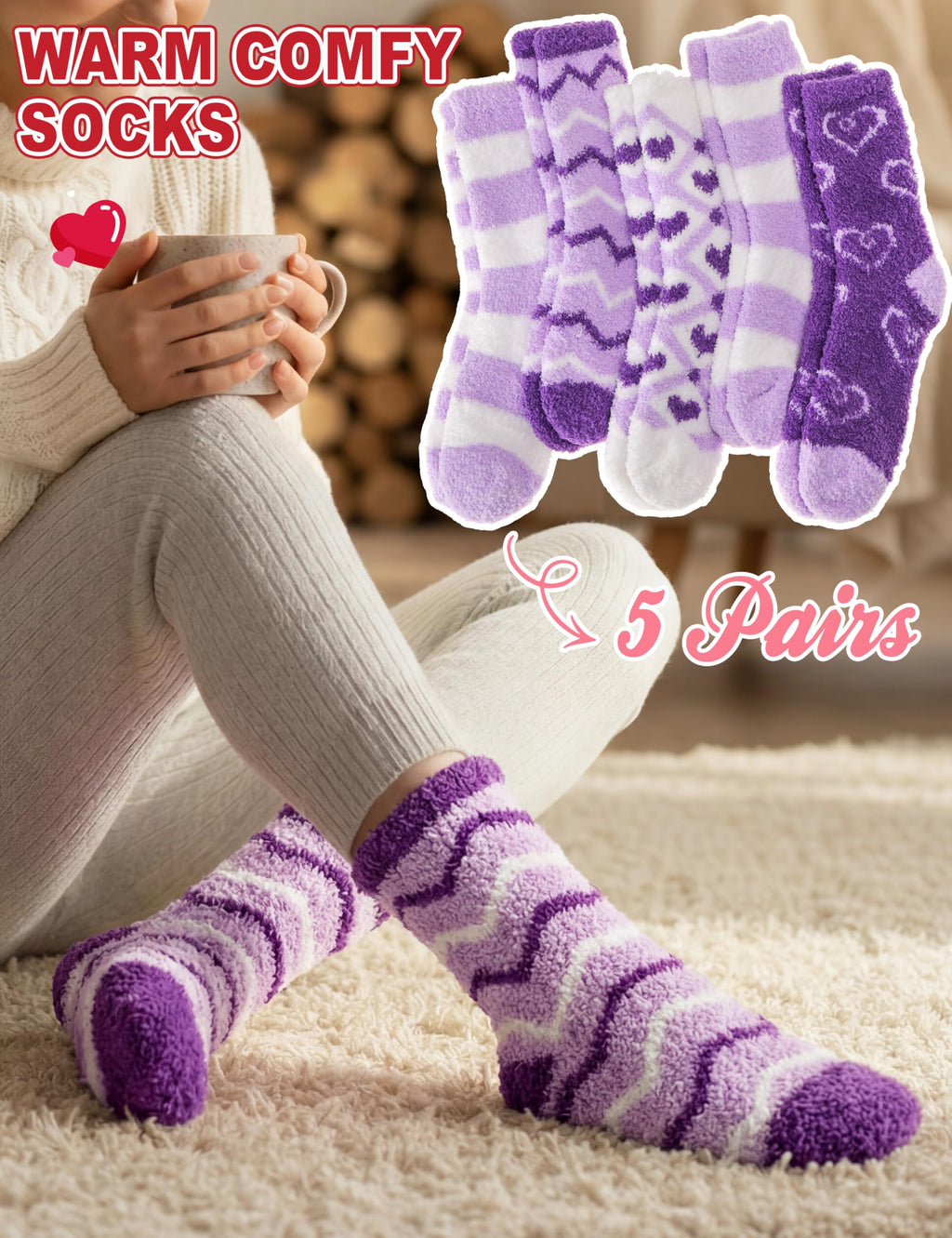 Womens Fuzzy Socks Warm Fluffy Cozy Winter Slipper Thick Fleece Heart Socks 5 Pairs
