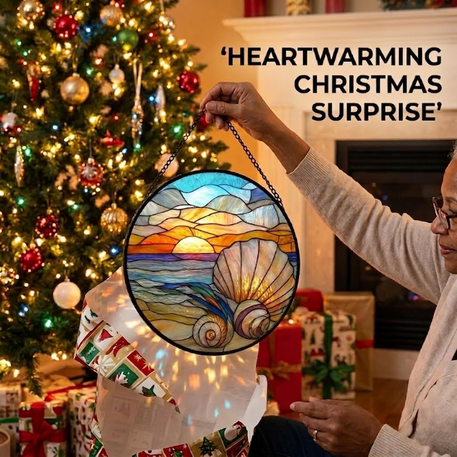 Birthday Gifts for Women - Beach Shell Faux Stained Glass Window Hanging Sun Catcher for Door Garden Acrylic Ocean Decor Mother's Day Christmas for Mom Men Nana Grandma Sisters 6.3"