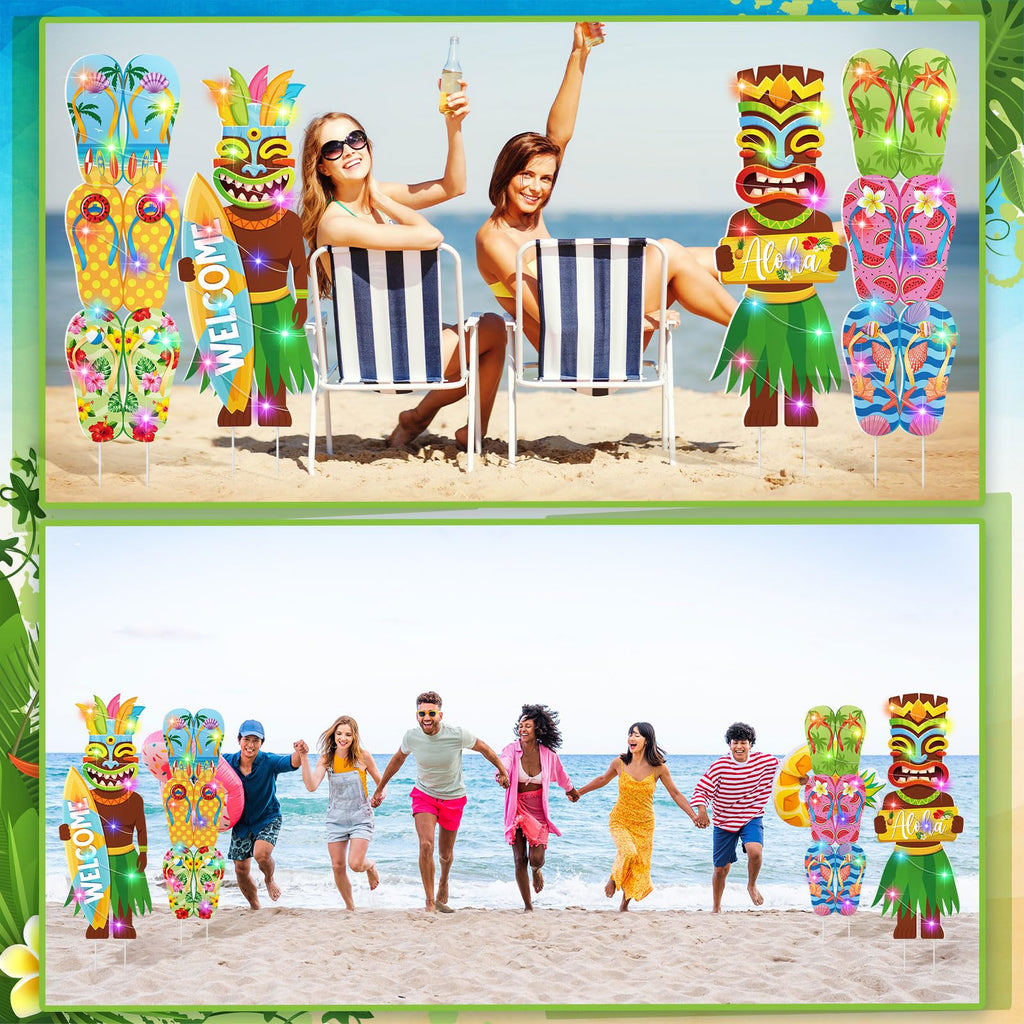 Bencailor 4 Pcs Summer Outdoor Yard Decoration Summer Beach Pool Yard Signs with Stakes LED Hawaiian Themed Party Supplies Beach Ball Surfboard Slipper Decor for Outdoor Lawn Garden Patio