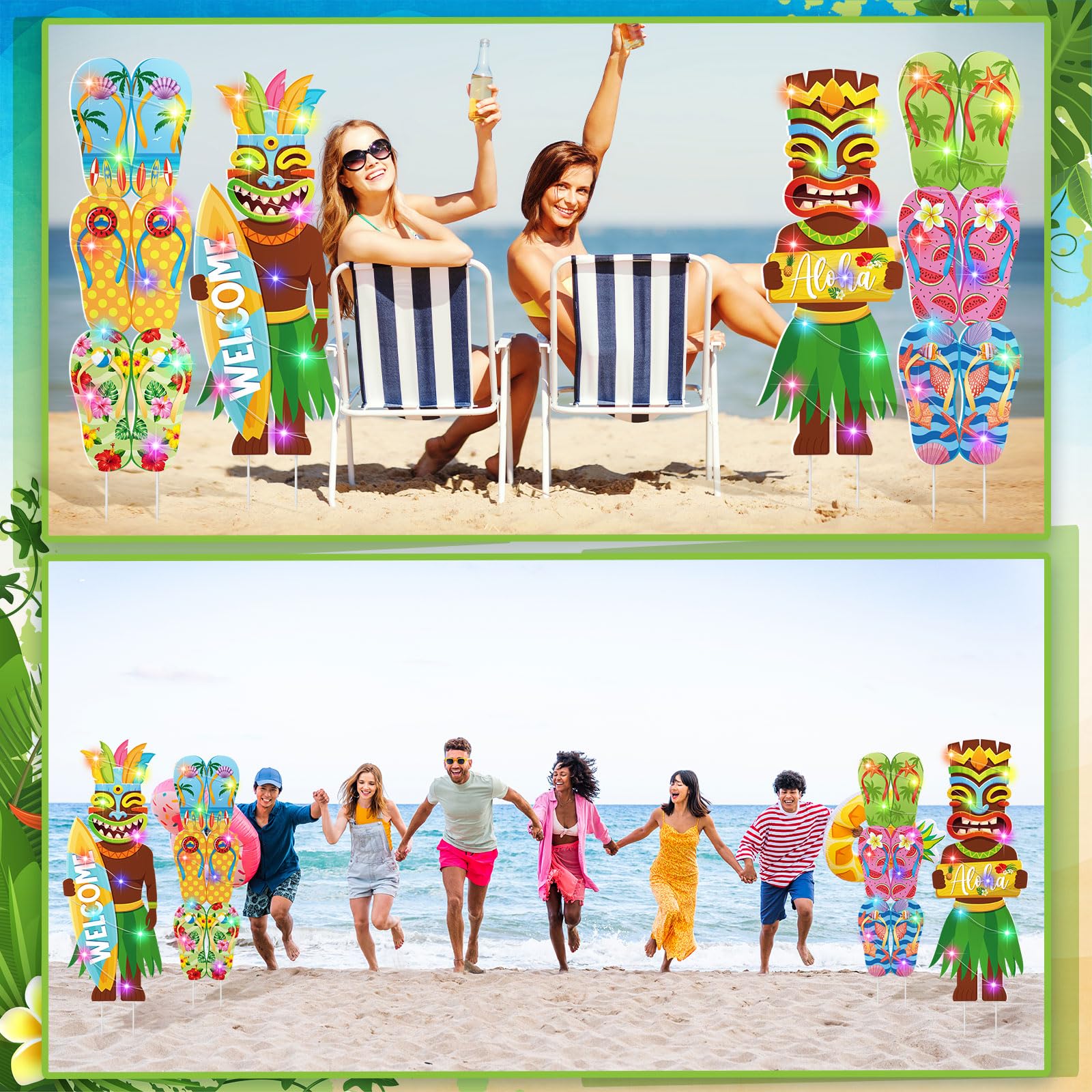 Bencailor 4 Pcs Summer Outdoor Yard Decoration Summer Beach Pool Yard Signs with Stakes LED Hawaiian Themed Party Supplies Beach Ball Surfboard Slipper Decor for Outdoor Lawn Garden Patio